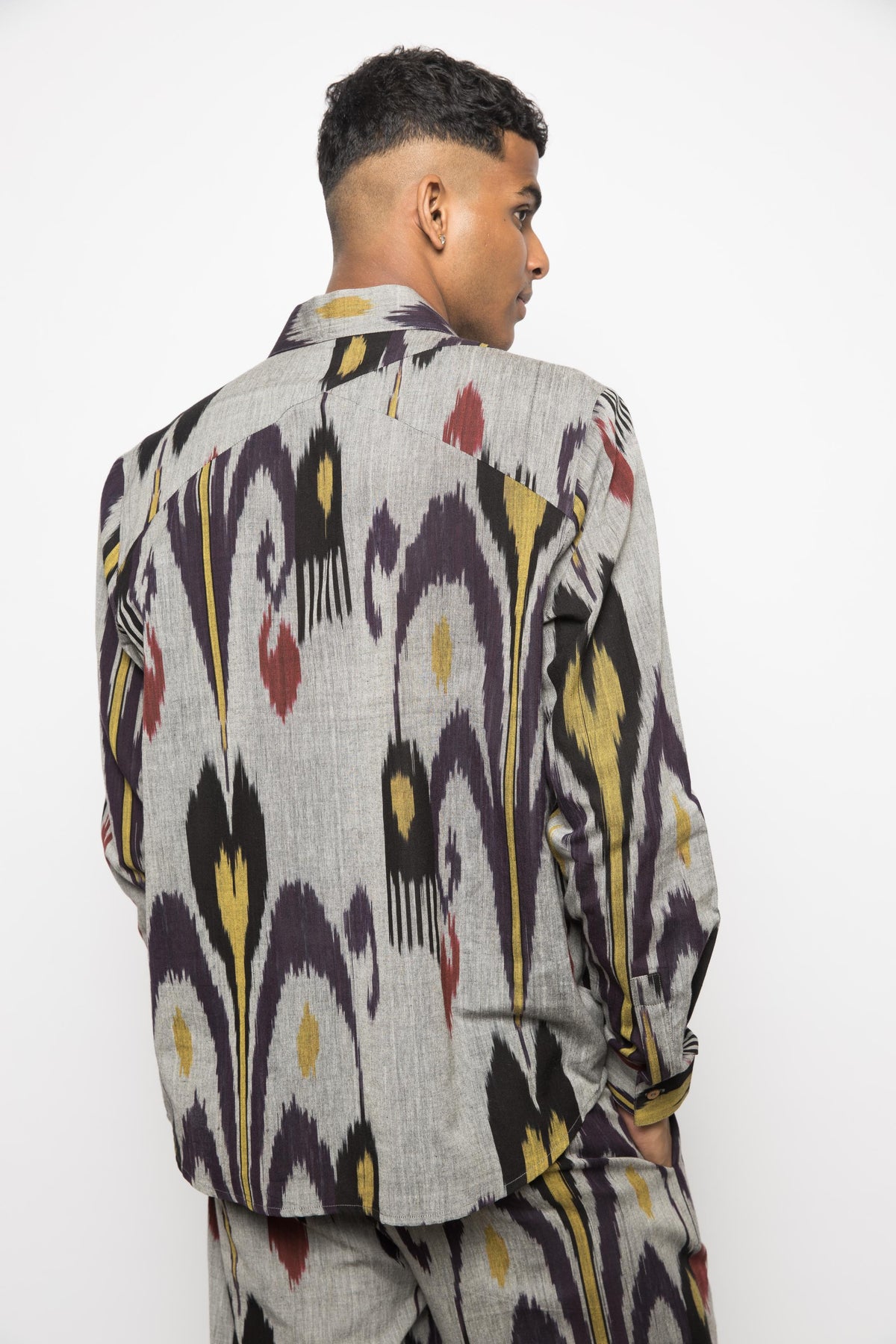 The Minimalist Shirt at kamakhyaa.com by Anushé Pirani. This item is 100% Cotton, Beach Wear, Casual Wear, Console Collection List, Cotton, Evening Wear, Fresh Ink by Anushe Pirani, Grey, Handwoven cotton, Ikat Prints, Menswear, Regular Fit, Vacation Wear