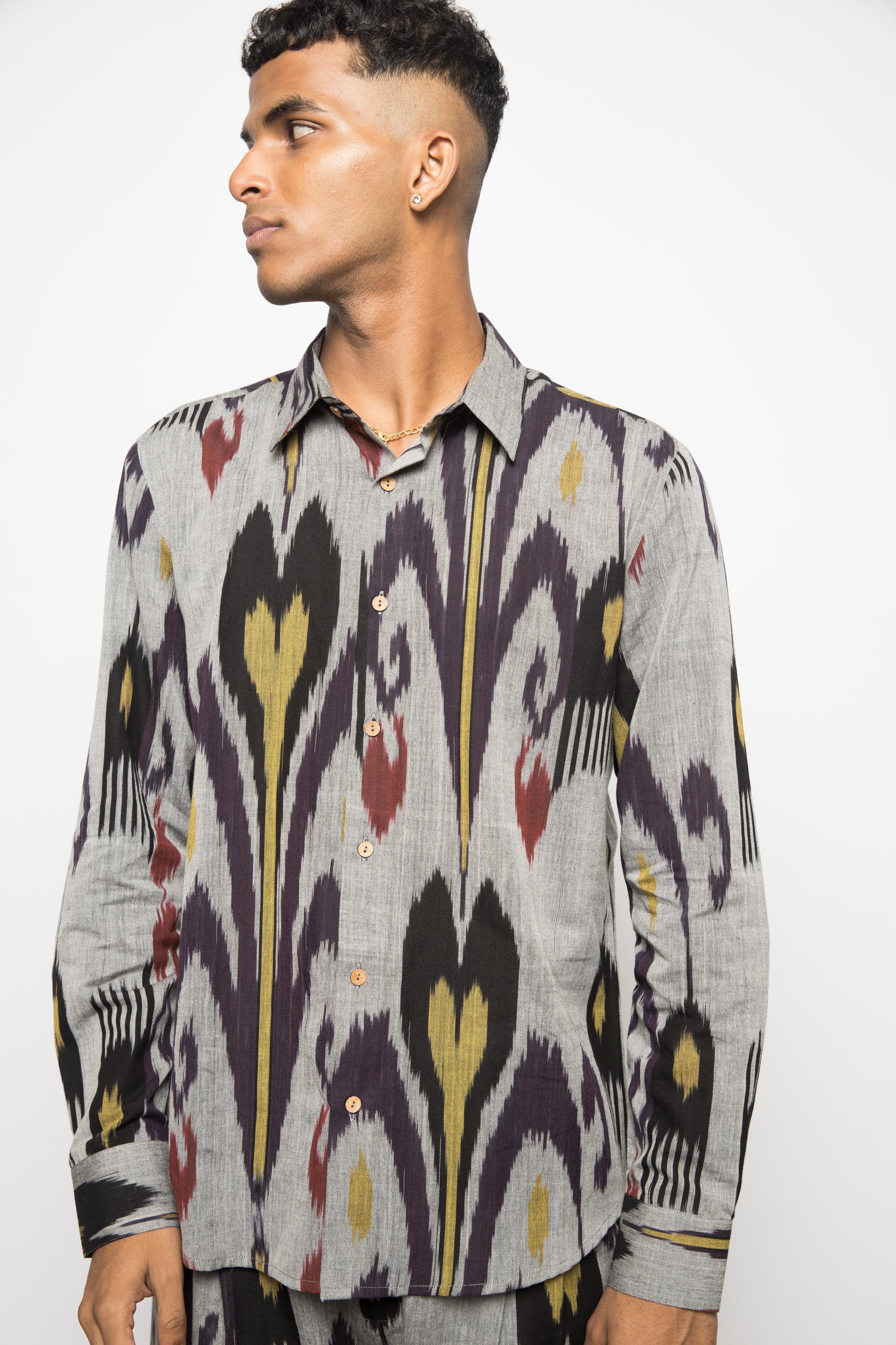 The Minimalist Shirt at kamakhyaa.com by Anushé Pirani. This item is 100% Cotton, Beach Wear, Casual Wear, Console Collection List, Cotton, Evening Wear, Fresh Ink by Anushe Pirani, Grey, Handwoven cotton, Ikat Prints, Menswear, Regular Fit, Vacation Wear