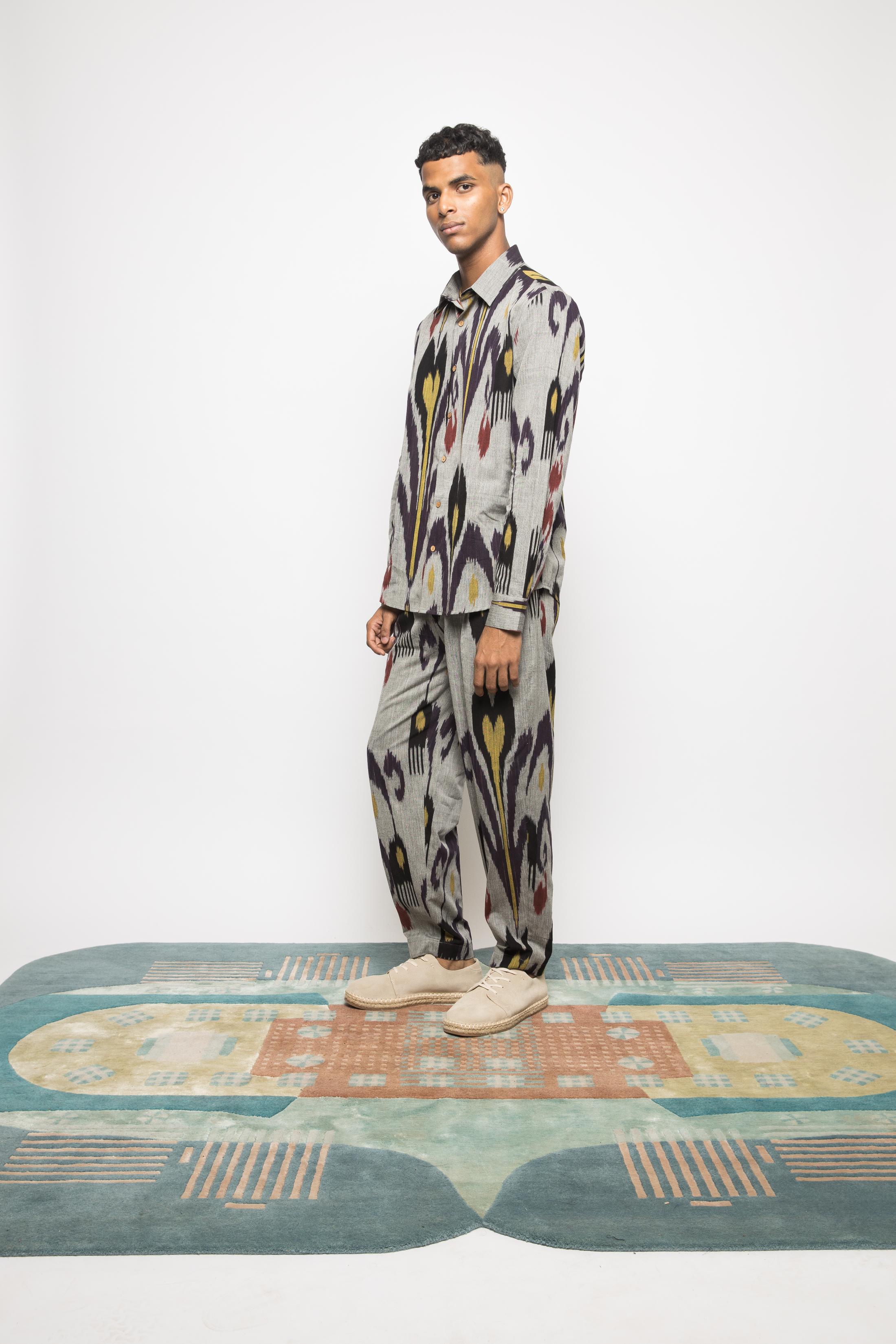 The Minimalist Shirt at kamakhyaa.com by Anushé Pirani. This item is 100% Cotton, Beach Wear, Casual Wear, Console Collection List, Cotton, Evening Wear, Fresh Ink by Anushe Pirani, Grey, Handwoven cotton, Ikat Prints, Menswear, Regular Fit, Vacation Wear