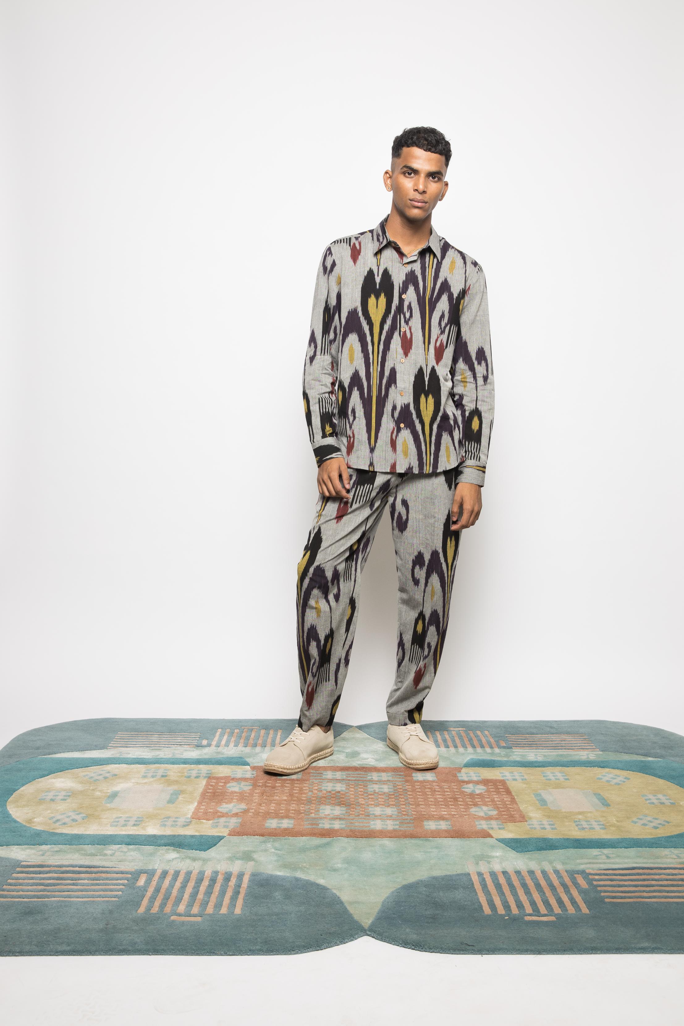 The Minimalist Shirt at kamakhyaa.com by Anushé Pirani. This item is 100% Cotton, Beach Wear, Casual Wear, Console Collection List, Cotton, Evening Wear, Fresh Ink by Anushe Pirani, Grey, Handwoven cotton, Ikat Prints, Menswear, Regular Fit, Vacation Wear