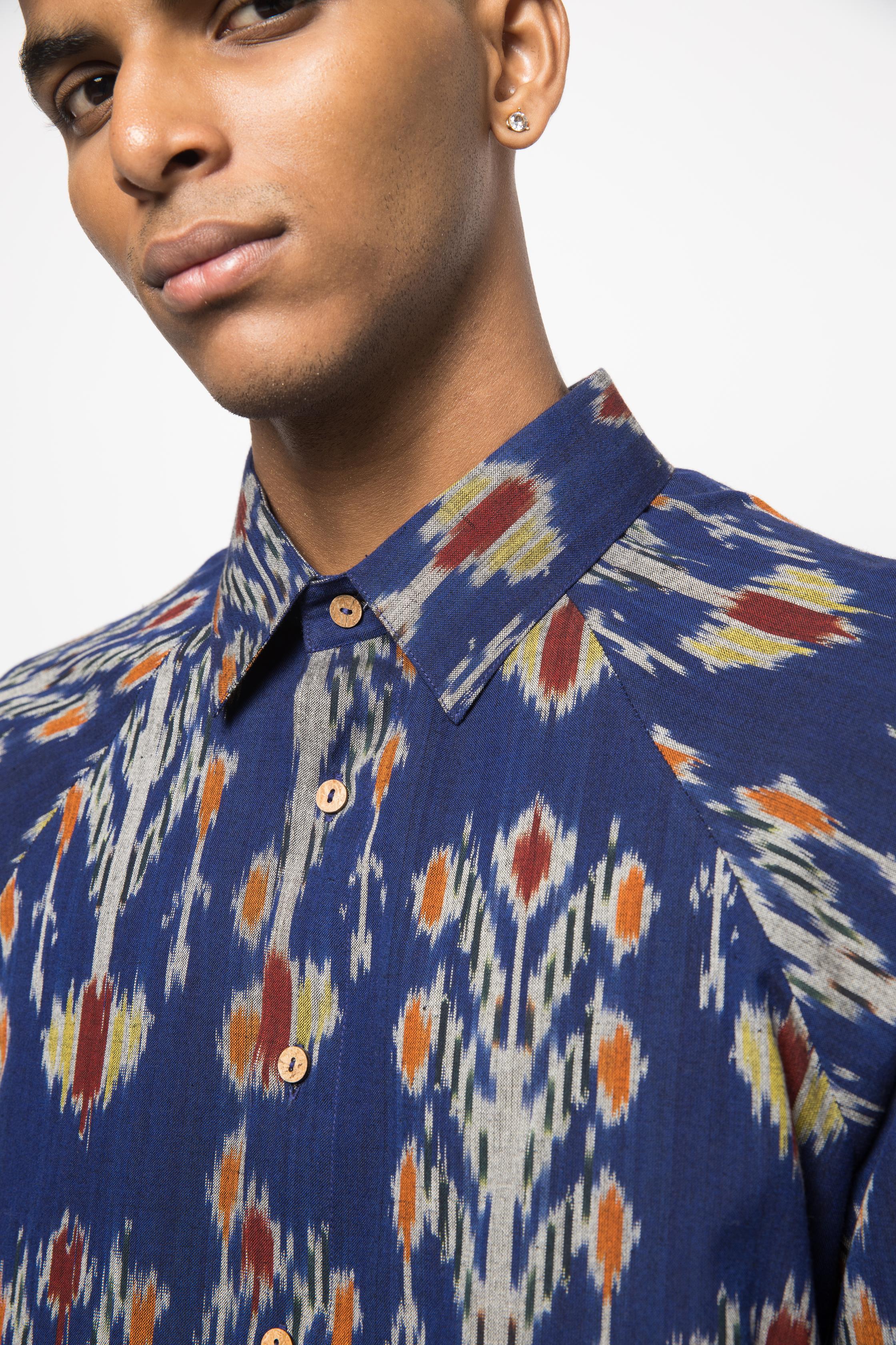 The Royal Raglan at kamakhyaa.com by Anushé Pirani. This item is Beach Wear, Blue, Brunch Wear, Casual Wear, Console Collection List, Cotton, Fresh Ink by Anushe Pirani, Ikat Prints, Menswear, Regular Fit, Resort Wear, Royal Blue, Vacation Wear