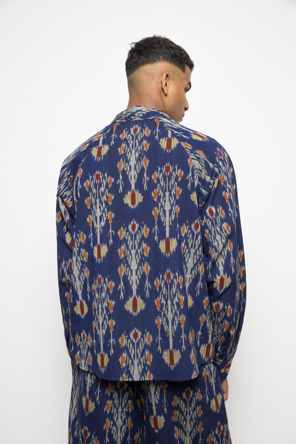 The Royal Raglan at kamakhyaa.com by Anushé Pirani. This item is Beach Wear, Blue, Brunch Wear, Casual Wear, Console Collection List, Cotton, Fresh Ink by Anushe Pirani, Ikat Prints, Menswear, Regular Fit, Resort Wear, Royal Blue, Vacation Wear