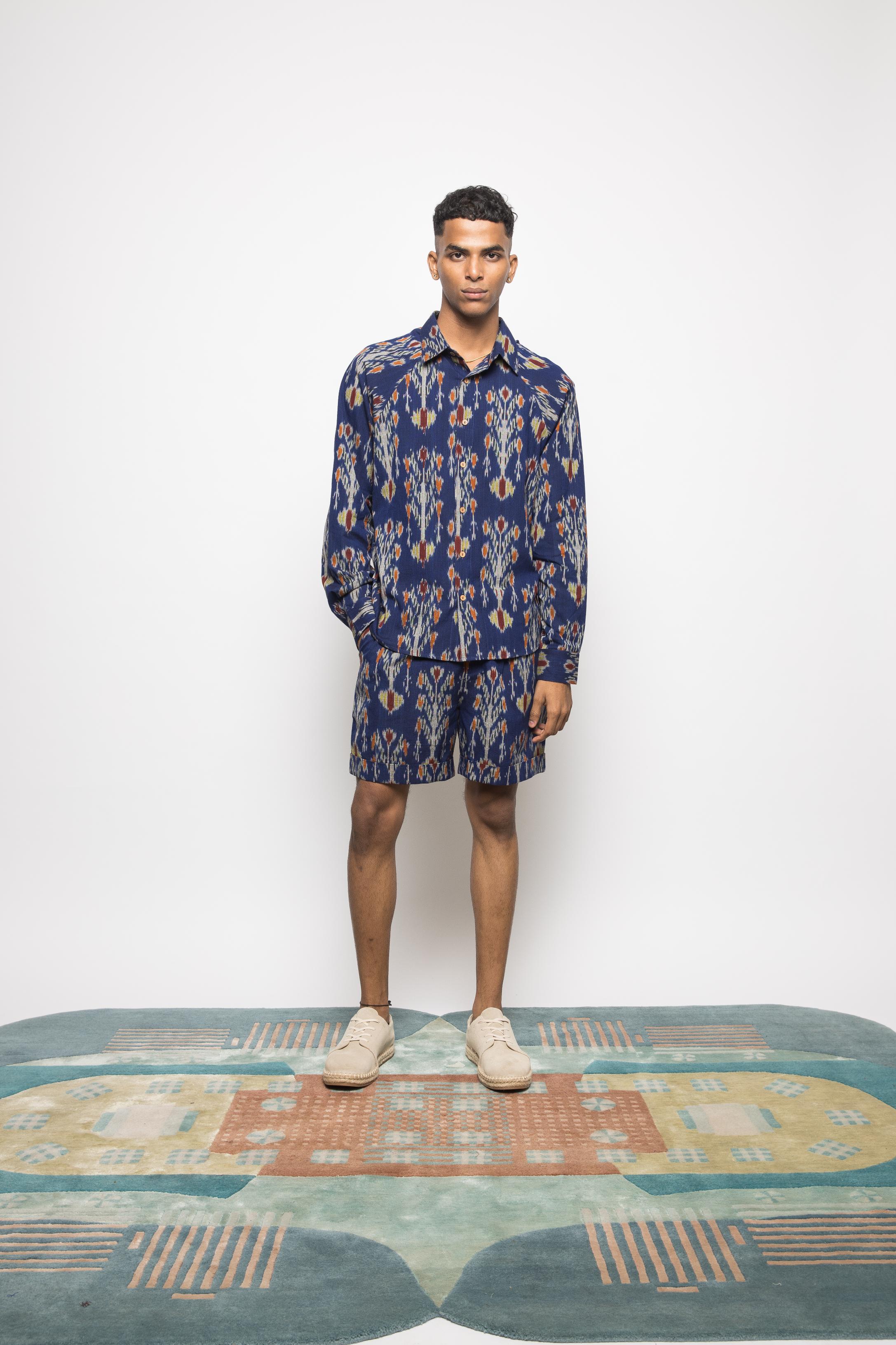 The Royal Raglan at kamakhyaa.com by Anushé Pirani. This item is Beach Wear, Blue, Brunch Wear, Casual Wear, Console Collection List, Cotton, Fresh Ink by Anushe Pirani, Ikat Prints, Menswear, Regular Fit, Resort Wear, Royal Blue, Vacation Wear