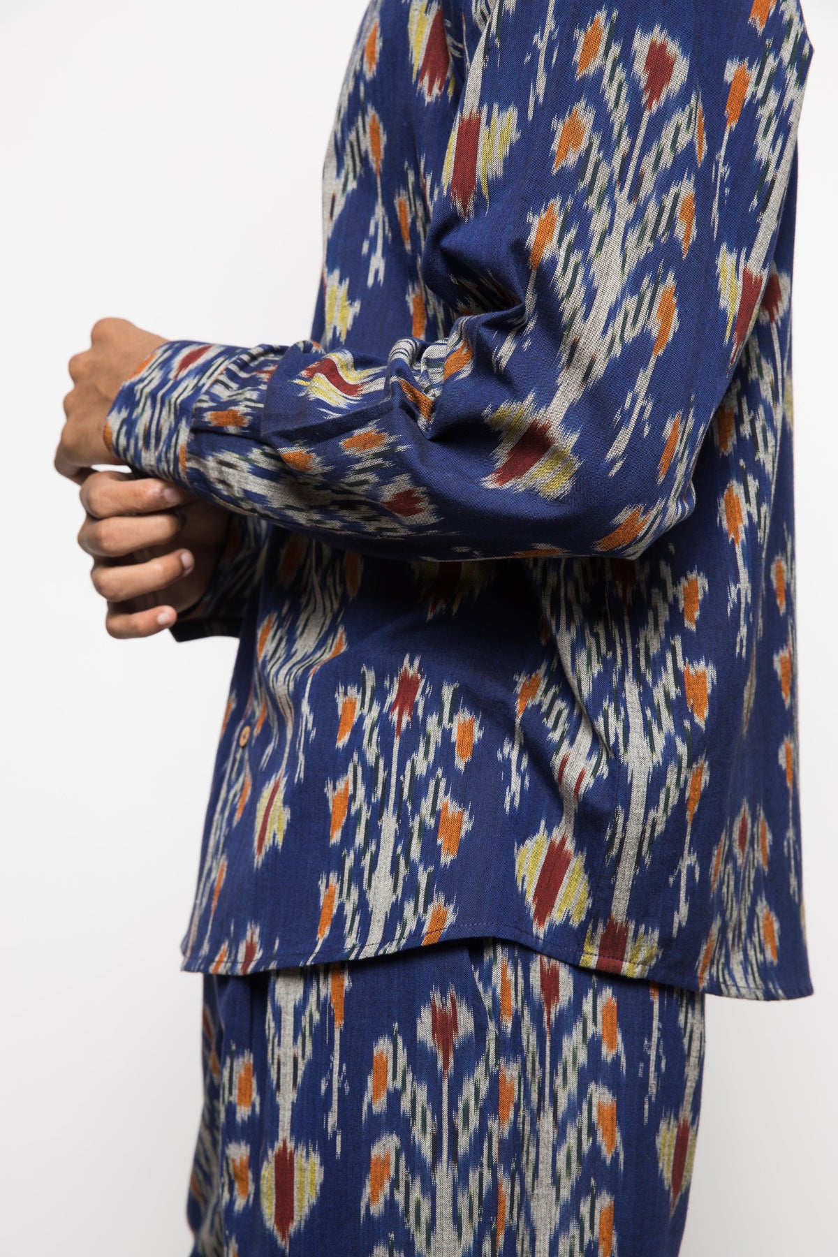 The Royal Raglan at kamakhyaa.com by Anushé Pirani. This item is Beach Wear, Blue, Brunch Wear, Casual Wear, Console Collection List, Cotton, Fresh Ink by Anushe Pirani, Ikat Prints, Menswear, Regular Fit, Resort Wear, Royal Blue, Vacation Wear
