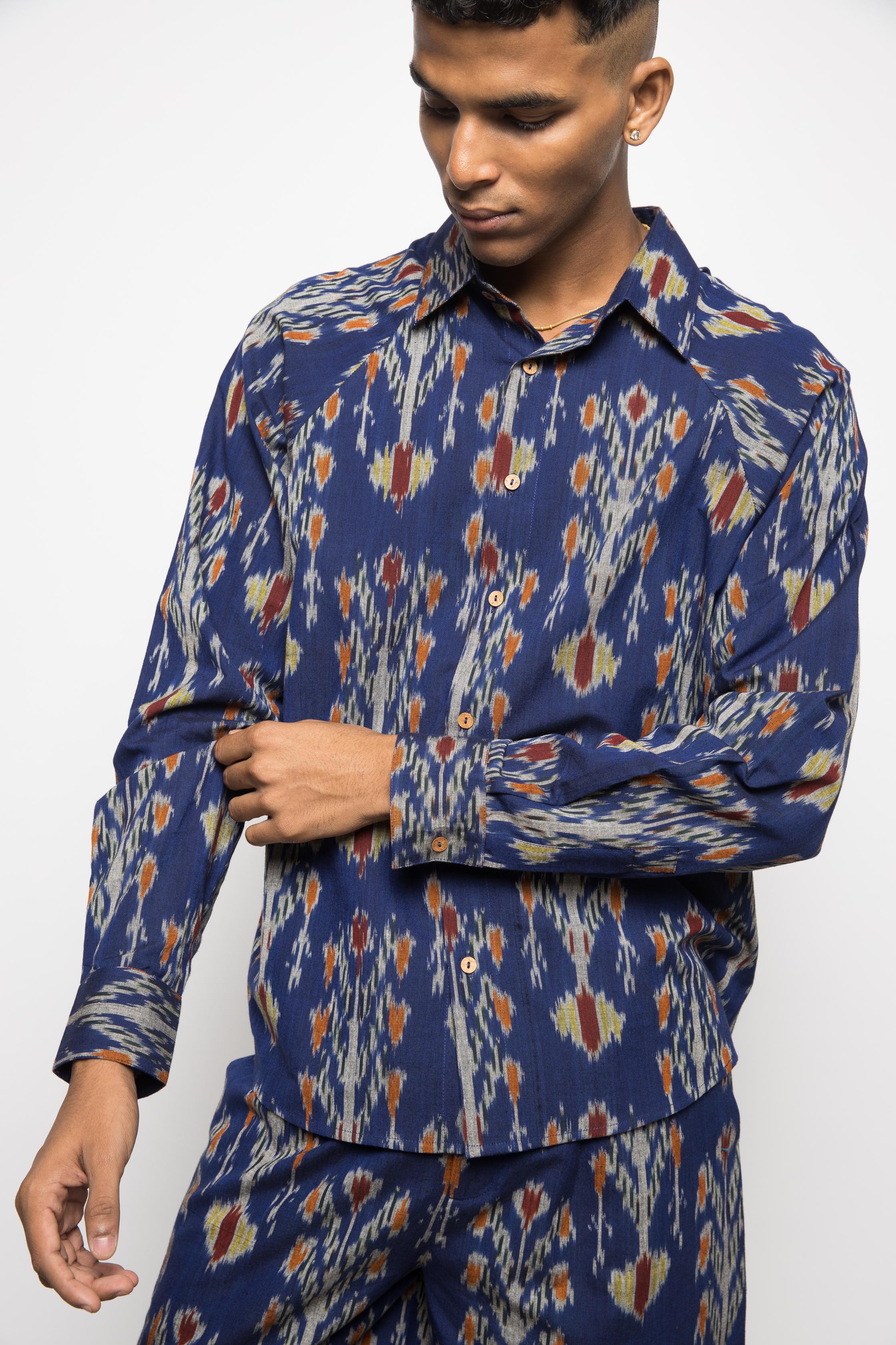 The Royal Raglan at kamakhyaa.com by Anushé Pirani. This item is Beach Wear, Blue, Brunch Wear, Casual Wear, Console Collection List, Cotton, Fresh Ink by Anushe Pirani, Ikat Prints, Menswear, Regular Fit, Resort Wear, Royal Blue, Vacation Wear