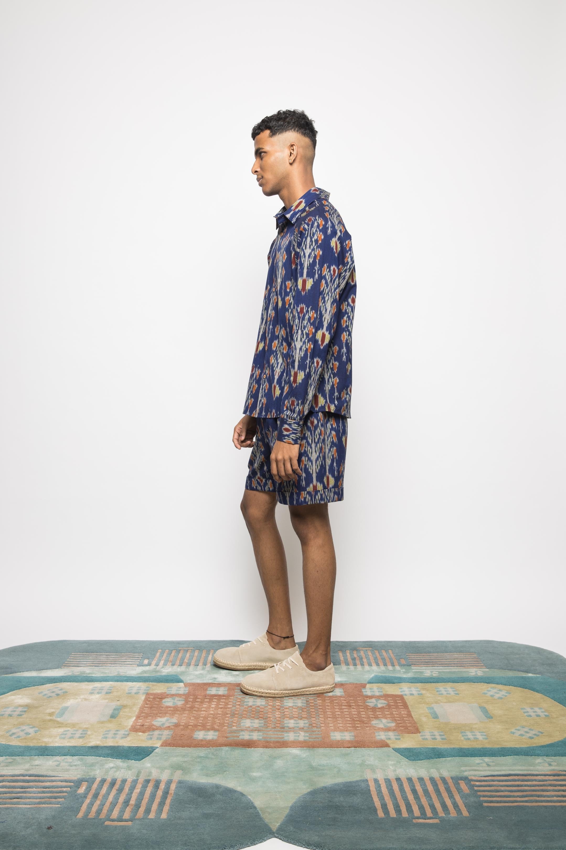 The Royal Raglan at kamakhyaa.com by Anushé Pirani. This item is Beach Wear, Blue, Brunch Wear, Casual Wear, Console Collection List, Cotton, Fresh Ink by Anushe Pirani, Ikat Prints, Menswear, Regular Fit, Resort Wear, Royal Blue, Vacation Wear