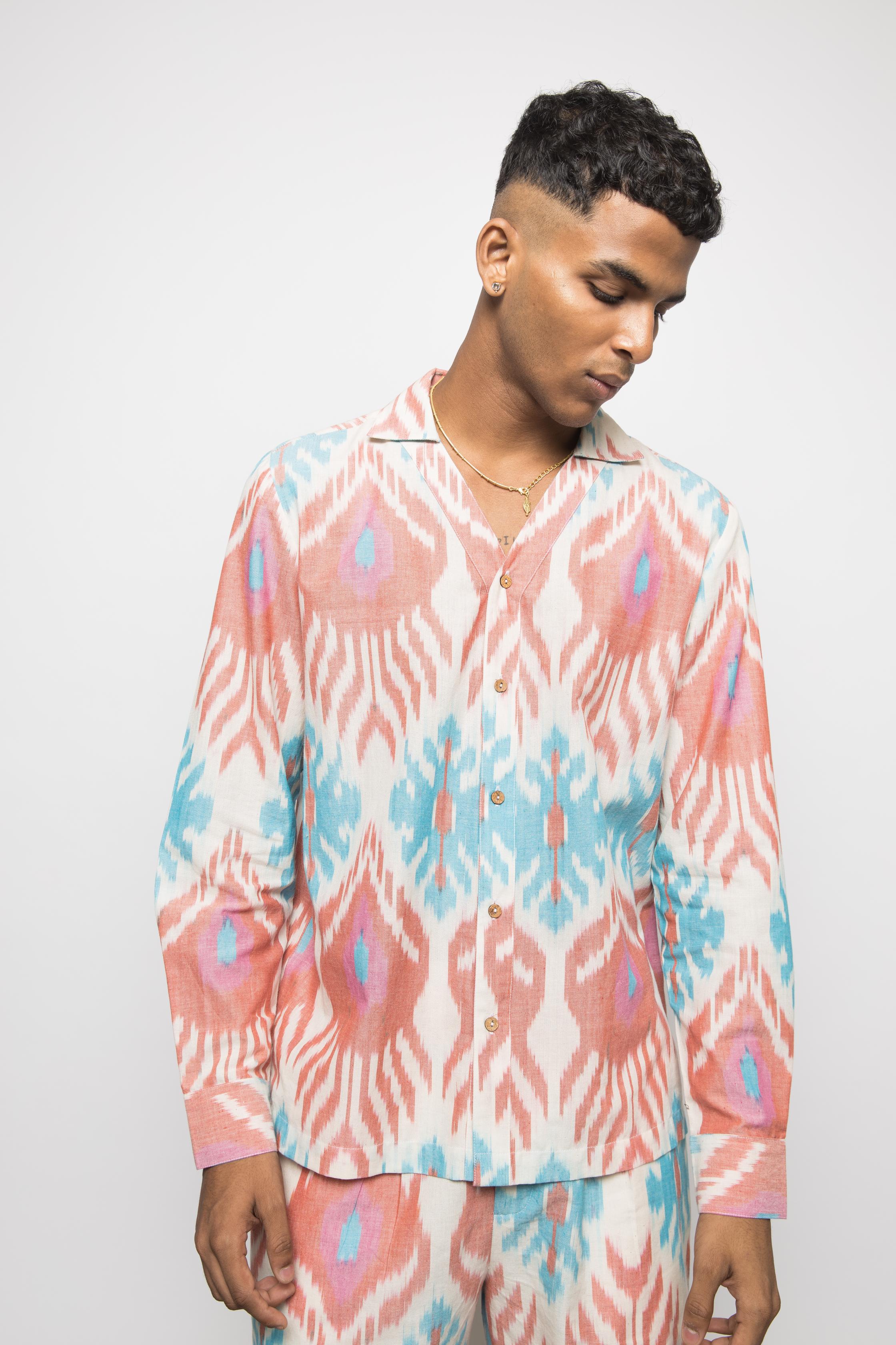 The T-Shirt Shirt at kamakhyaa.com by Anushé Pirani. This item is 100% Cotton, Beach Wear, Brunch Wear, Casual Wear, Console Collection List, Cotton, Fresh Ink by Anushe Pirani, Handwoven cotton, Ikat Prints, Menswear, Multicolor, Regular Fit, Resort Wear, Vacation Wear