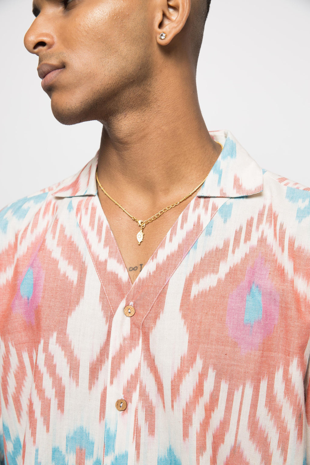 The T-Shirt Shirt at kamakhyaa.com by Anushé Pirani. This item is 100% Cotton, Beach Wear, Brunch Wear, Casual Wear, Console Collection List, Cotton, Fresh Ink by Anushe Pirani, Handwoven cotton, Ikat Prints, Menswear, Multicolor, Regular Fit, Resort Wear, Vacation Wear