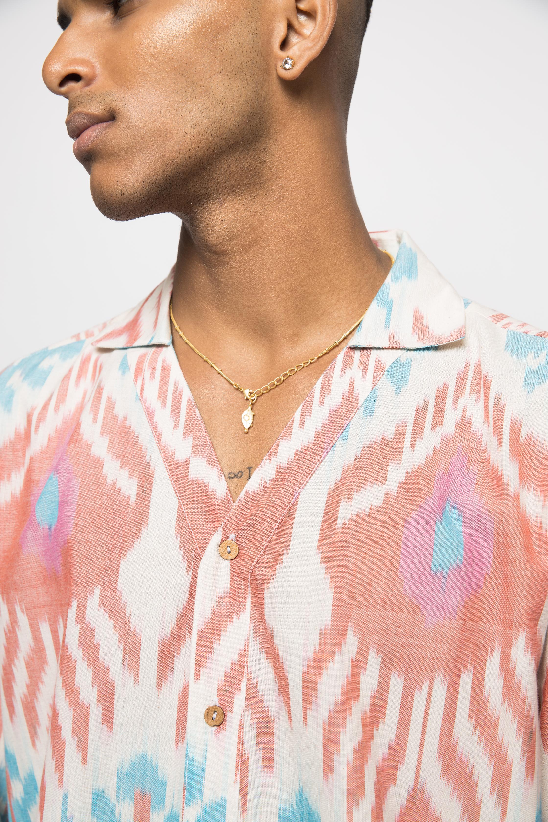 The T-Shirt Shirt at kamakhyaa.com by Anushé Pirani. This item is 100% Cotton, Beach Wear, Brunch Wear, Casual Wear, Console Collection List, Cotton, Fresh Ink by Anushe Pirani, Handwoven cotton, Ikat Prints, Menswear, Multicolor, Regular Fit, Resort Wear, Vacation Wear
