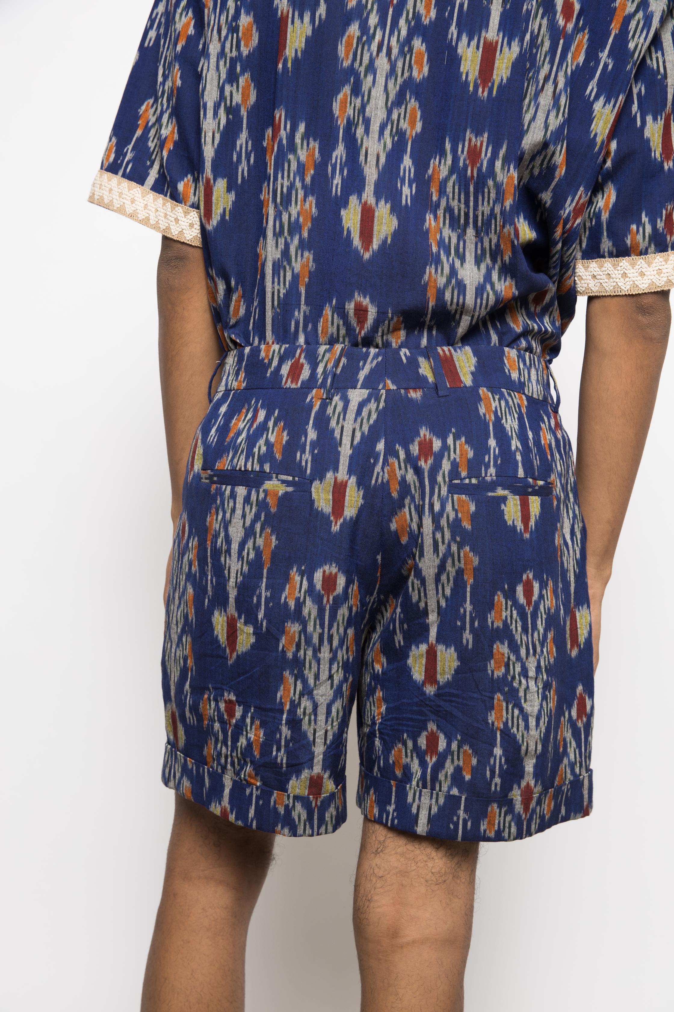 The Weekend Shorts at kamakhyaa.com by Anushé Pirani. This item is 100% Cotton, Beach Wear, Blue, Casual Wear, Console Collection List, Cotton, Fresh Ink by Anushe Pirani, Handwoven cotton, Ikat Prints, Menswear, Regular Fit, Royal Blue, Vacation Wear