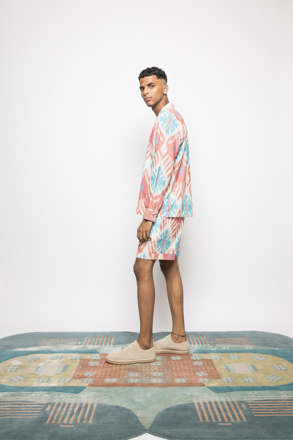 The Weekend Shorts at kamakhyaa.com by Anushé Pirani. This item is 100% Cotton, Beach Wear, Casual Wear, Console Collection List, Cotton, Fresh Ink by Anushe Pirani, Handwoven cotton, Ikat Prints, Menswear, Multicolor, Regular Fit, Vacation Wear