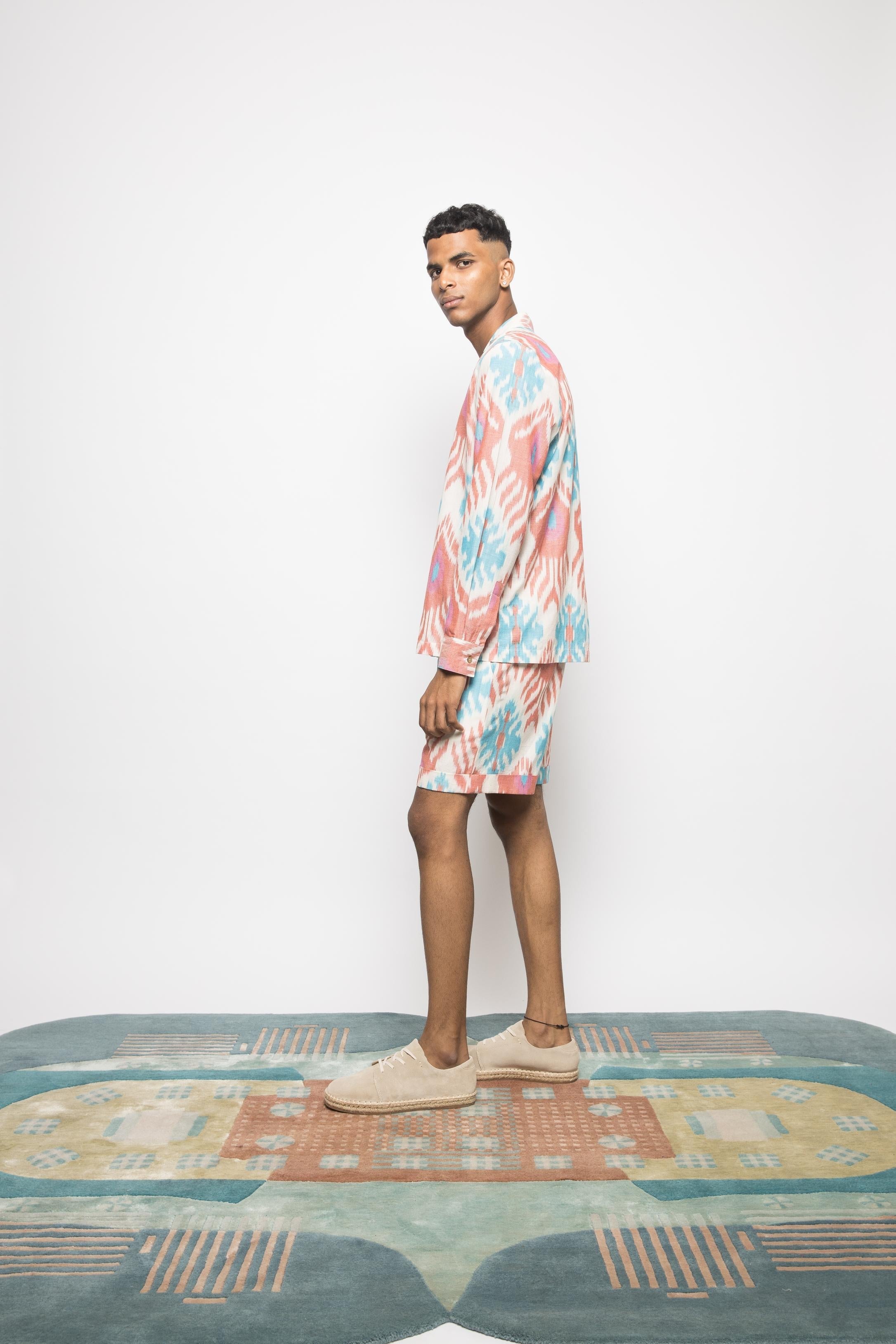 The Weekend Shorts at kamakhyaa.com by Anushé Pirani. This item is 100% Cotton, Beach Wear, Casual Wear, Console Collection List, Cotton, Fresh Ink by Anushe Pirani, Handwoven cotton, Ikat Prints, Menswear, Multicolor, Regular Fit, Vacation Wear