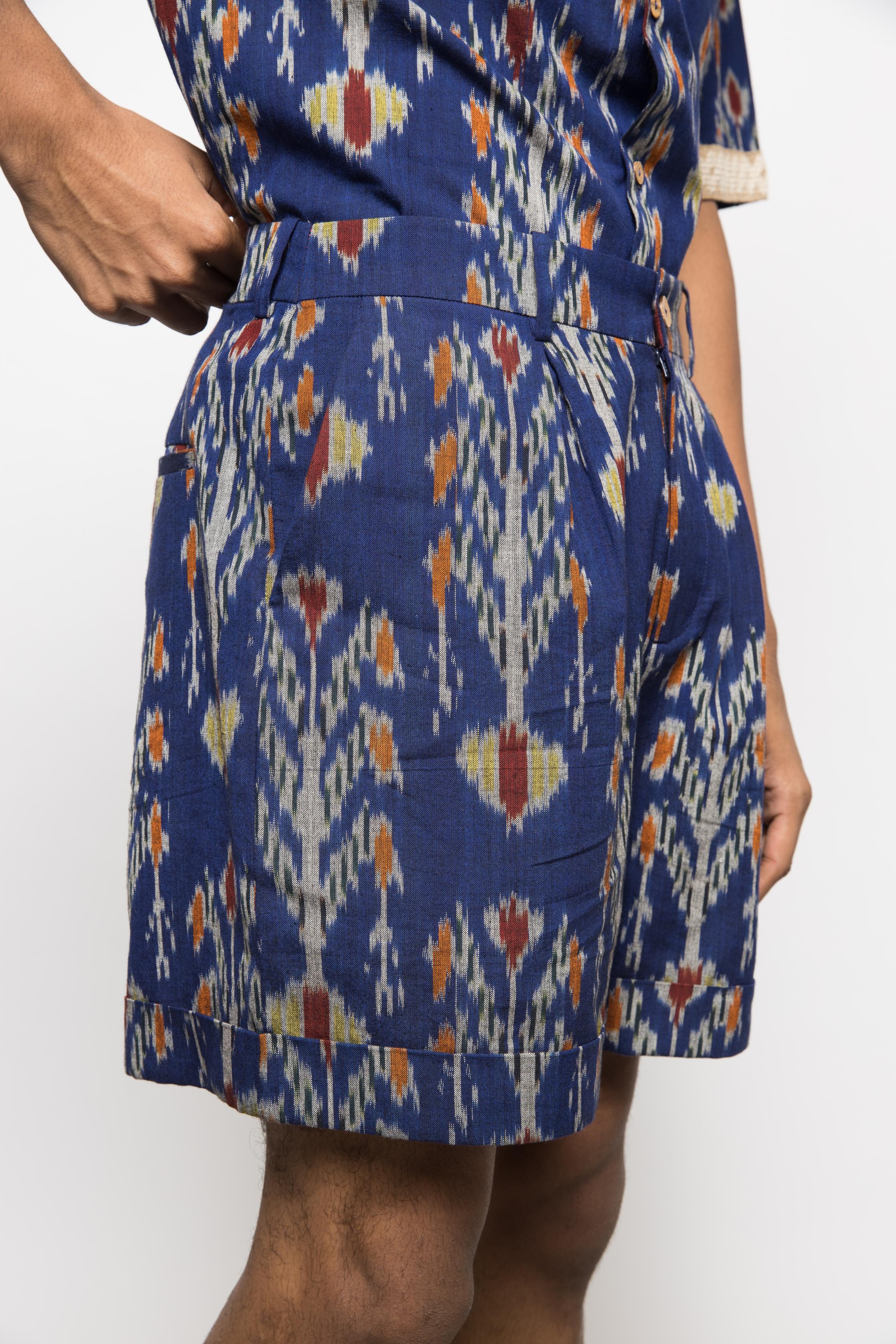 The Weekend Shorts at kamakhyaa.com by Anushé Pirani. This item is 100% Cotton, Beach Wear, Blue, Casual Wear, Console Collection List, Cotton, Fresh Ink by Anushe Pirani, Handwoven cotton, Ikat Prints, Menswear, Regular Fit, Royal Blue, Vacation Wear