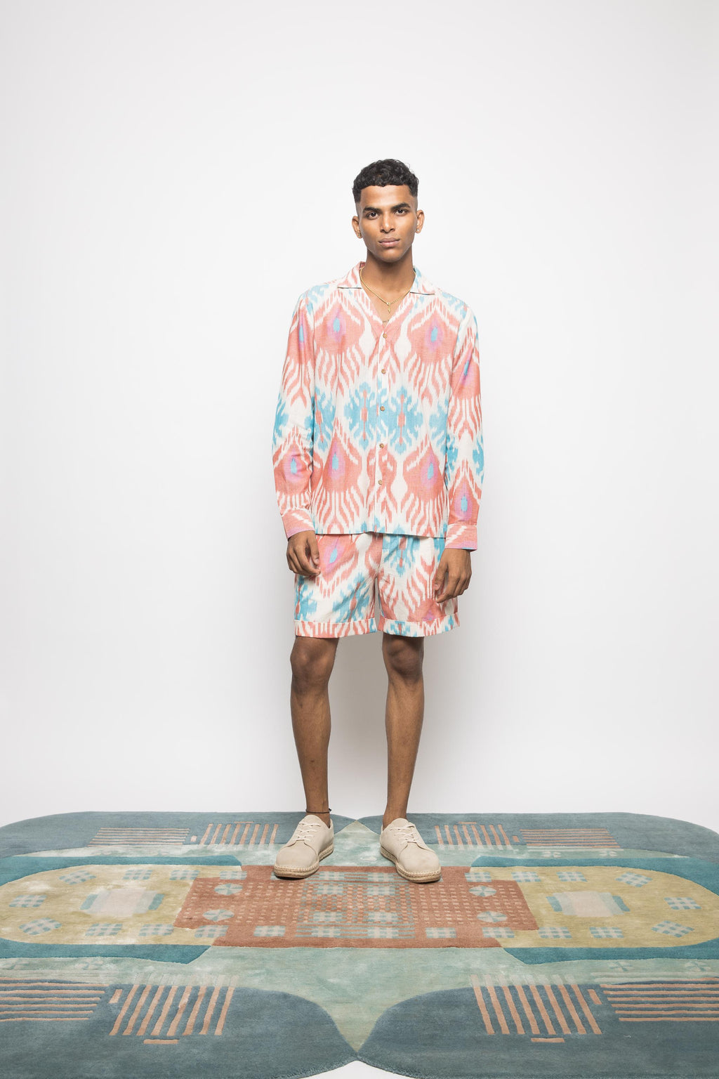 The Weekend Shorts at kamakhyaa.com by Anushé Pirani. This item is 100% Cotton, Beach Wear, Casual Wear, Console Collection List, Cotton, Fresh Ink by Anushe Pirani, Handwoven cotton, Ikat Prints, Menswear, Multicolor, Regular Fit, Vacation Wear