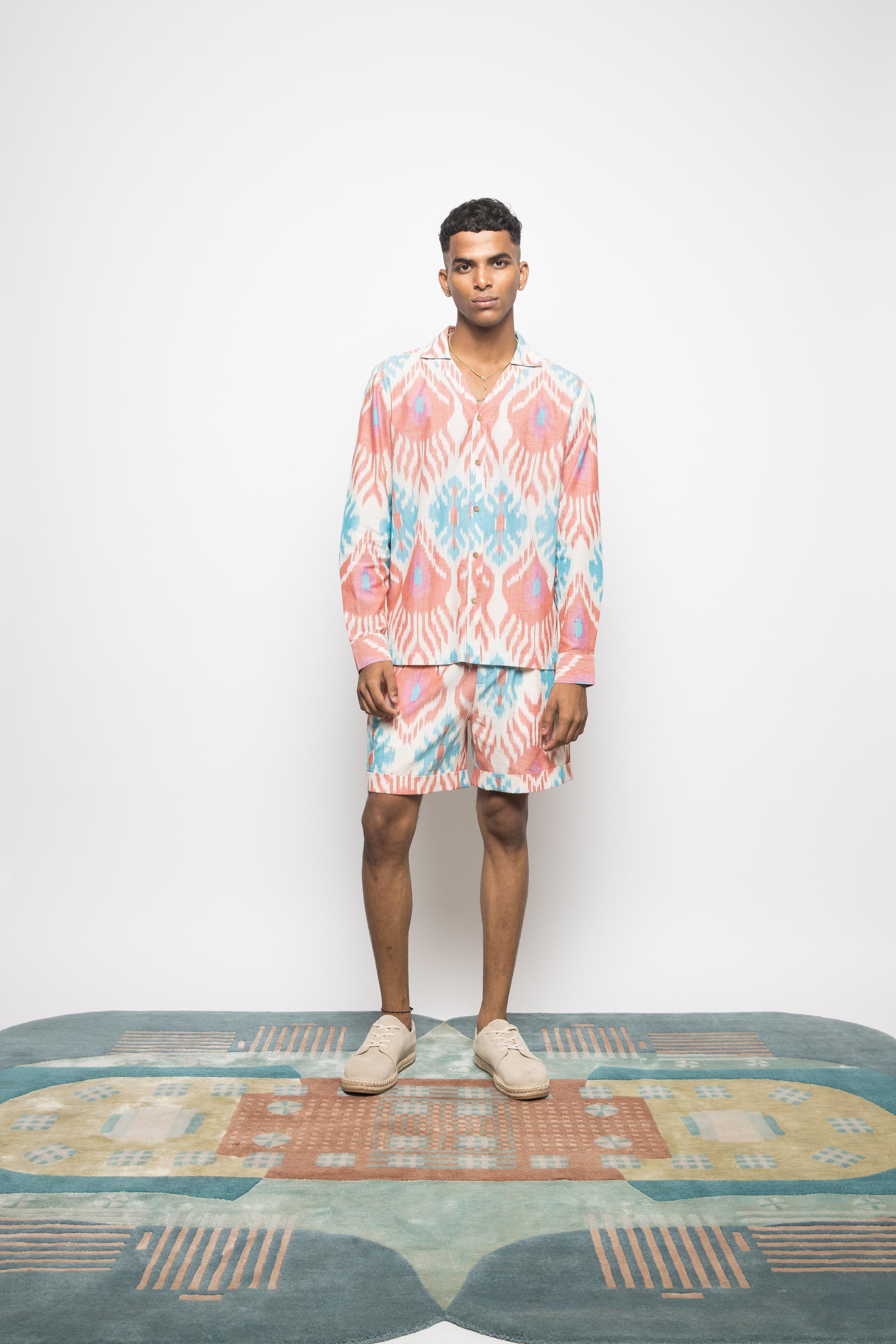 The Weekend Shorts at kamakhyaa.com by Anushé Pirani. This item is 100% Cotton, Beach Wear, Casual Wear, Console Collection List, Cotton, Fresh Ink by Anushe Pirani, Handwoven cotton, Ikat Prints, Menswear, Multicolor, Regular Fit, Vacation Wear