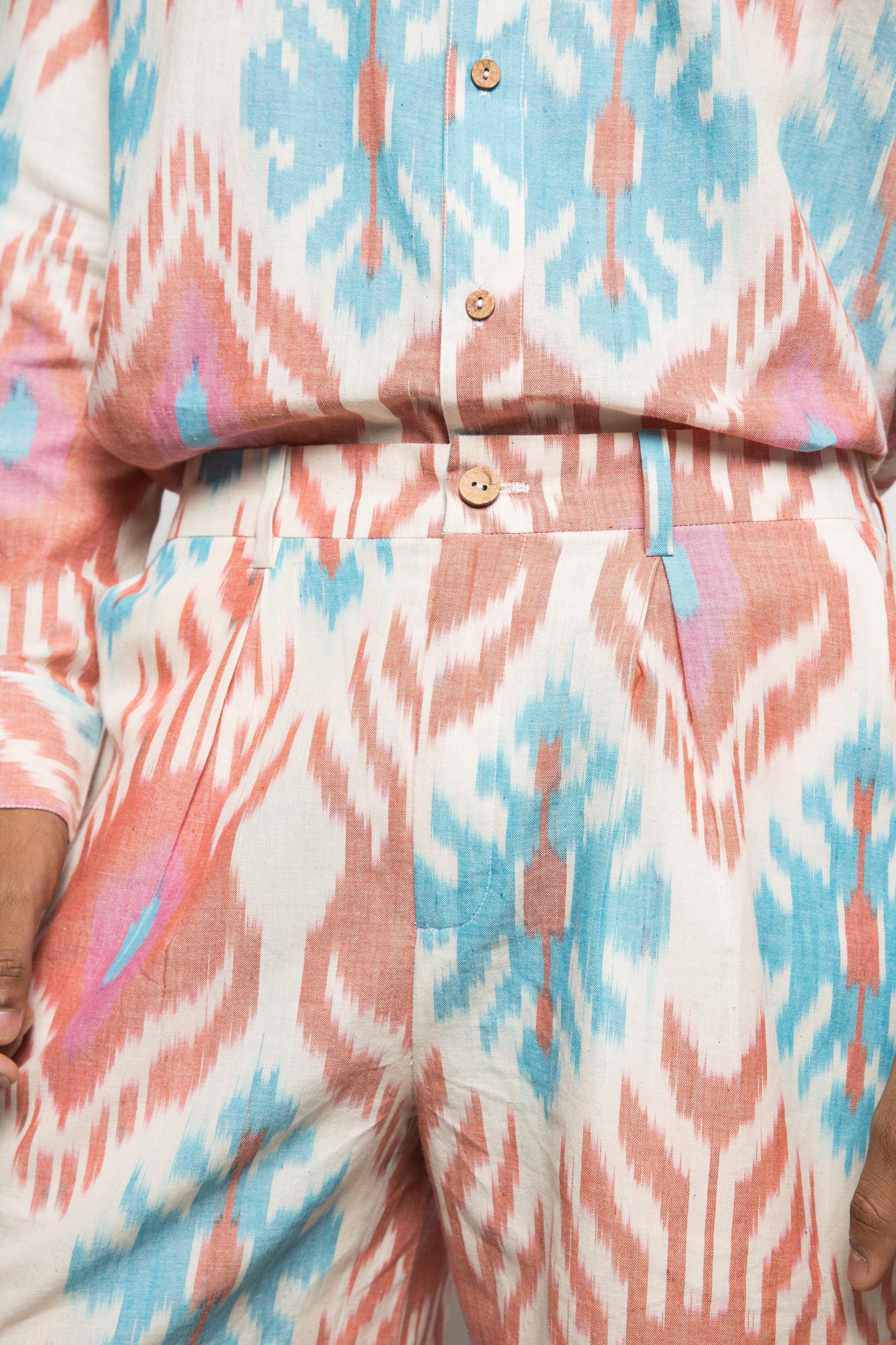 The Weekend Shorts at kamakhyaa.com by Anushé Pirani. This item is 100% Cotton, Beach Wear, Casual Wear, Console Collection List, Cotton, Fresh Ink by Anushe Pirani, Handwoven cotton, Ikat Prints, Menswear, Multicolor, Regular Fit, Vacation Wear