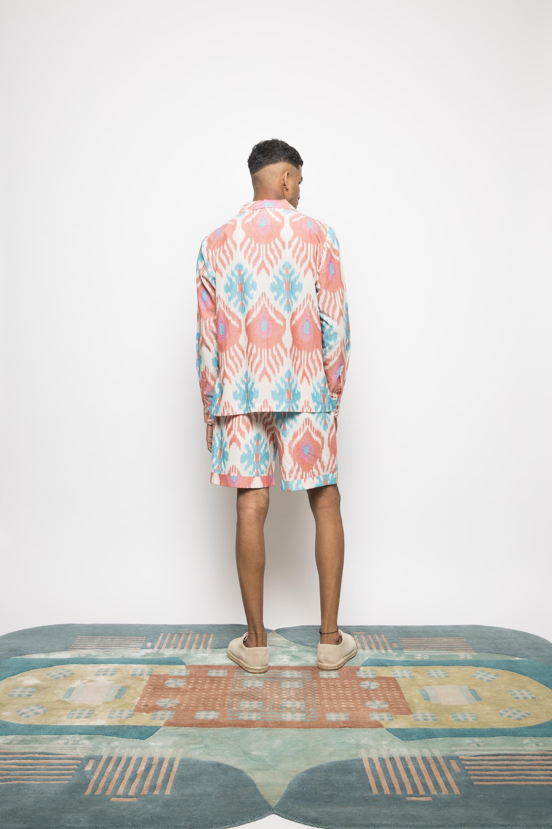 The Weekend Shorts at kamakhyaa.com by Anushé Pirani. This item is 100% Cotton, Beach Wear, Casual Wear, Console Collection List, Cotton, Fresh Ink by Anushe Pirani, Handwoven cotton, Ikat Prints, Menswear, Multicolor, Regular Fit, Vacation Wear
