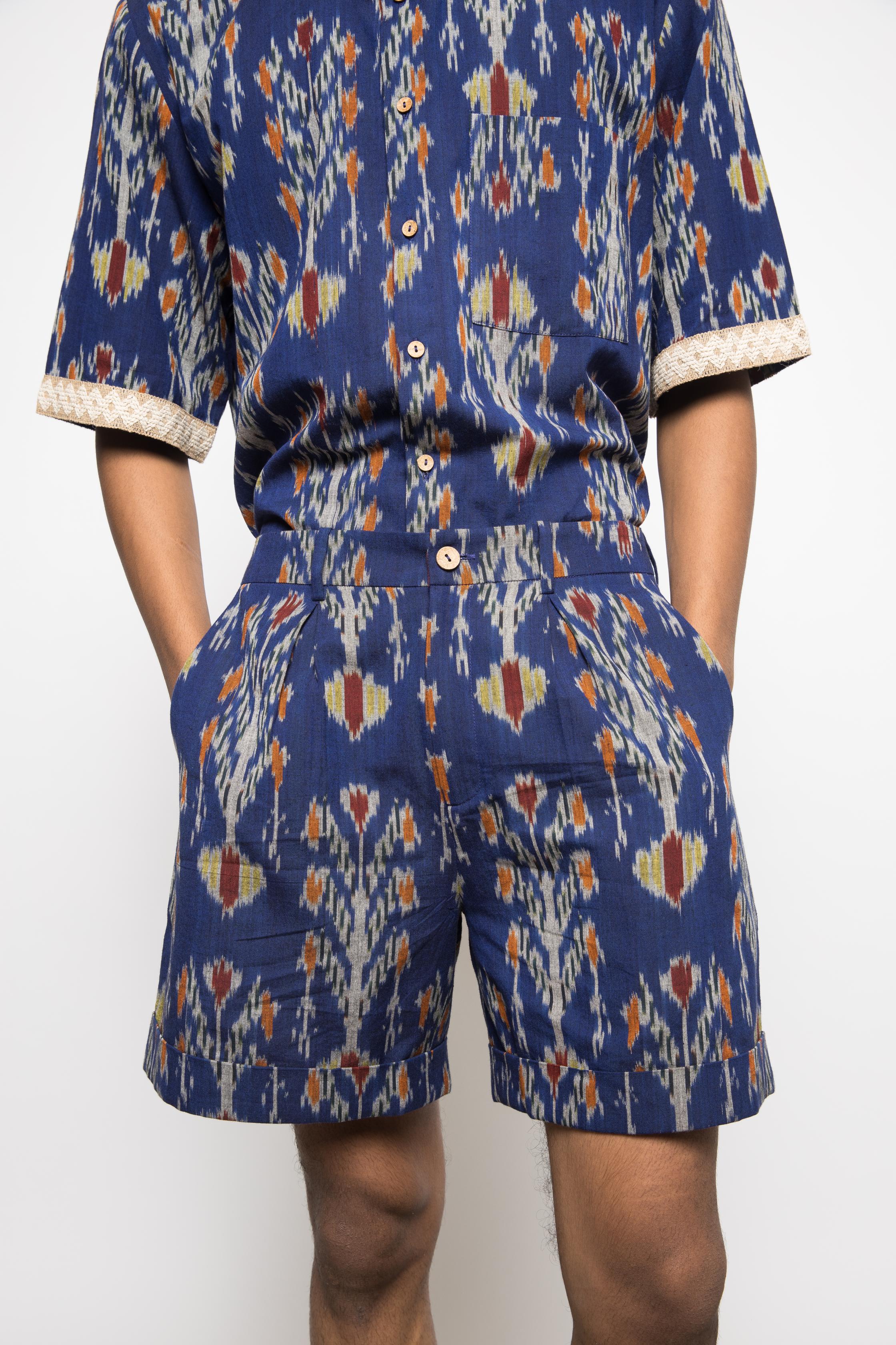 The Weekend Shorts at kamakhyaa.com by Anushé Pirani. This item is 100% Cotton, Beach Wear, Blue, Casual Wear, Console Collection List, Cotton, Fresh Ink by Anushe Pirani, Handwoven cotton, Ikat Prints, Menswear, Regular Fit, Royal Blue, Vacation Wear