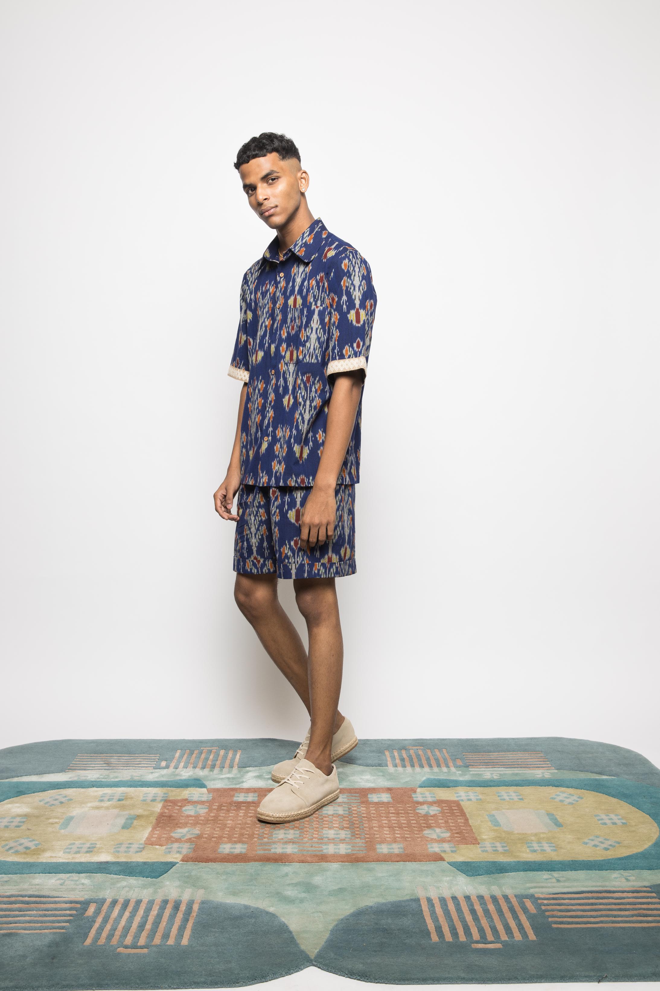 The Weekend Shorts at kamakhyaa.com by Anushé Pirani. This item is 100% Cotton, Beach Wear, Blue, Casual Wear, Console Collection List, Cotton, Fresh Ink by Anushe Pirani, Handwoven cotton, Ikat Prints, Menswear, Regular Fit, Royal Blue, Vacation Wear
