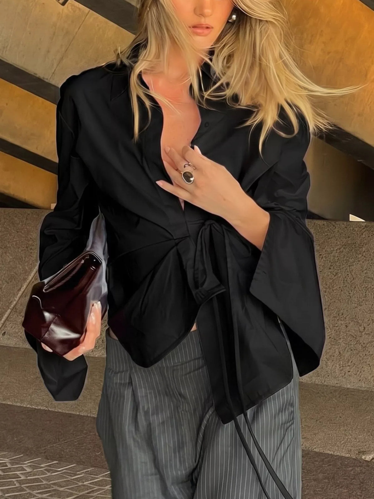 Tie-Waist Detail Wrap-Front Shirt at kamakhyaa.com by Trendsi. This item is Helene, Ship From Overseas, Under $100