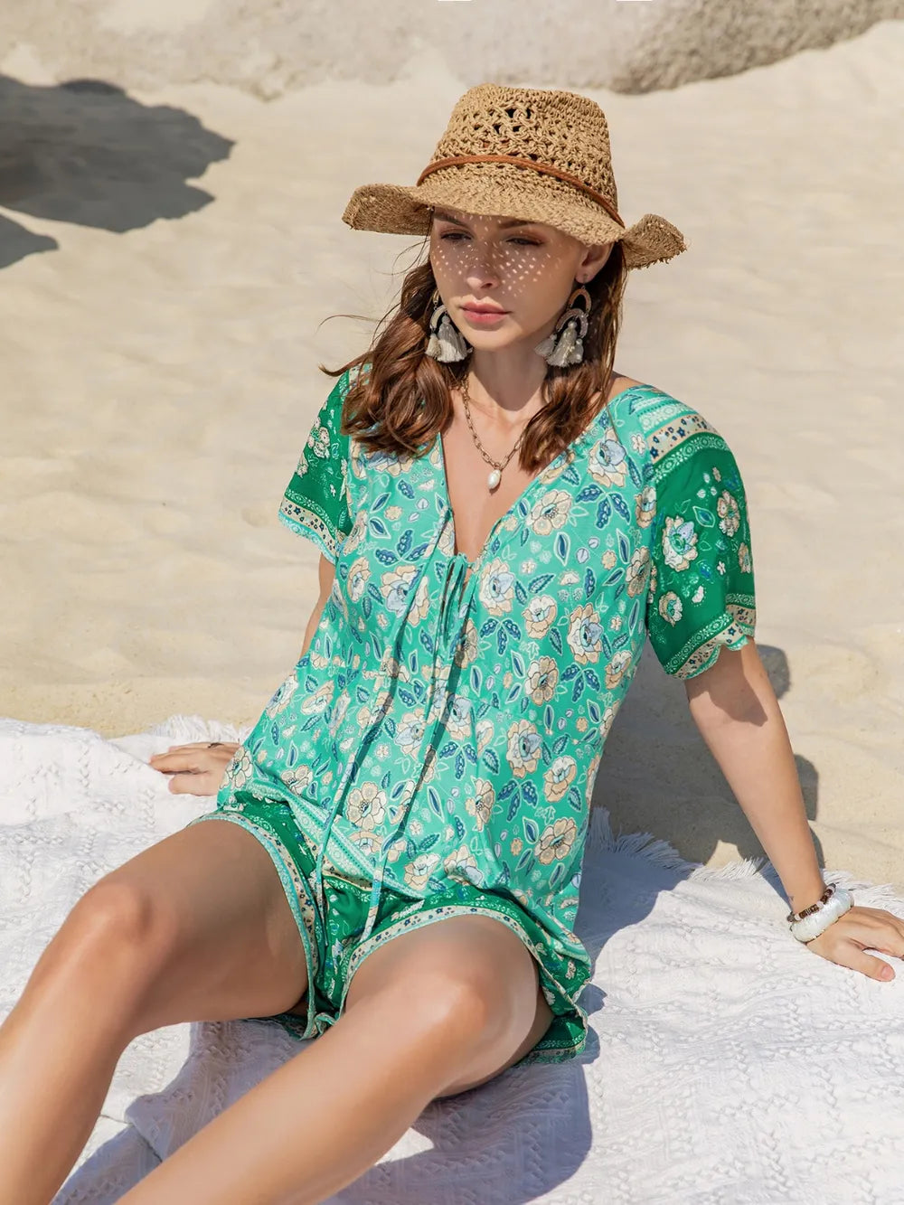 Tied Printed Short Sleeve Romper at kamakhyaa.com by Trendsi. This item is Rusttydustty, Ship From Overseas, Under $100
