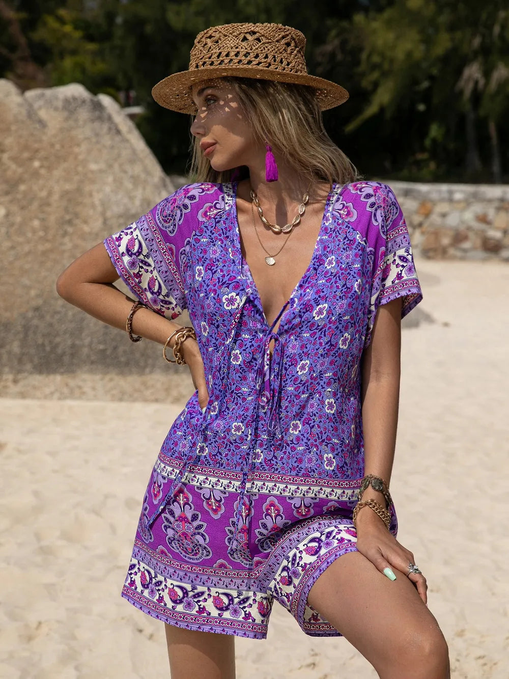Tied Printed Short Sleeve Romper at kamakhyaa.com by Trendsi. This item is Rusttydustty, Ship From Overseas, Under $100