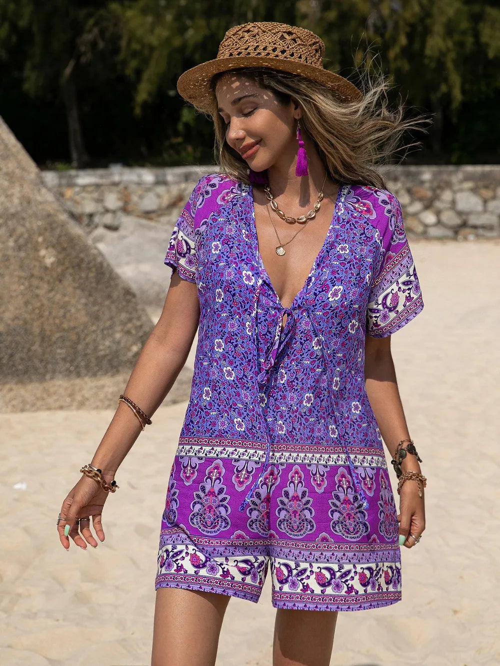 Tied Printed Short Sleeve Romper at kamakhyaa.com by Trendsi. This item is Rusttydustty, Ship From Overseas, Under $100
