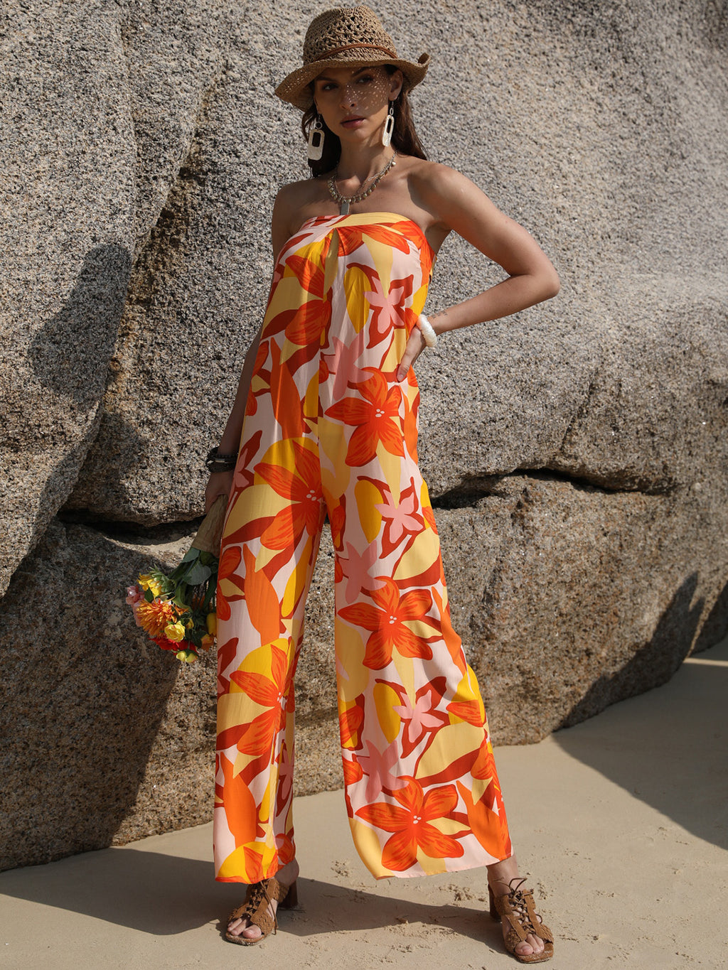 Tied Printed Tube Wide Leg Jumpsuit at Kamakhyaa by Trendsi. This item is H.R.Z, Ship From Overseas, Trendsi