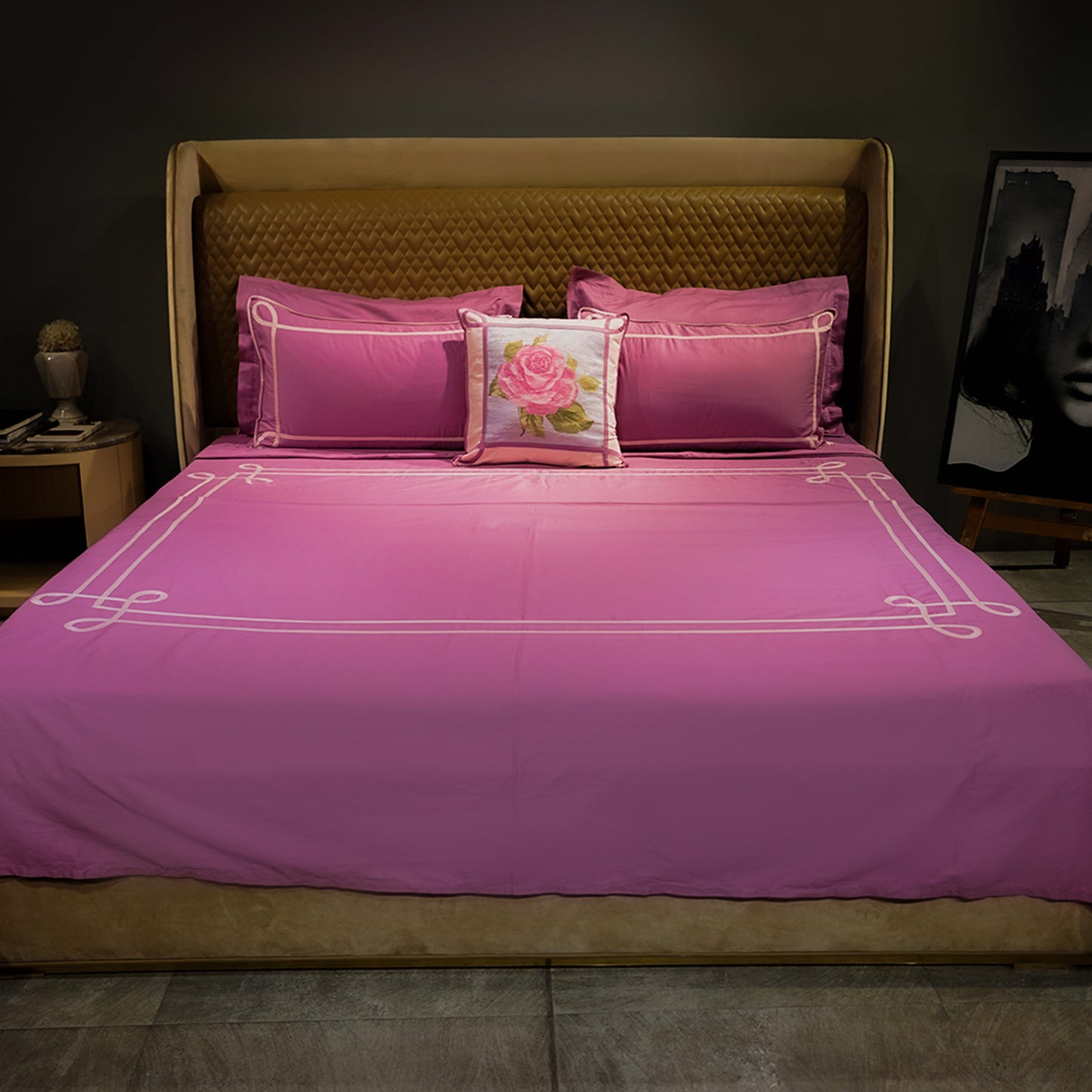 Tranquil Curve| Designer Bed Sheet Set| Pink| 100%Cotton at Kamakhyaa by Kamakhyaa. This item is designer bedsheets