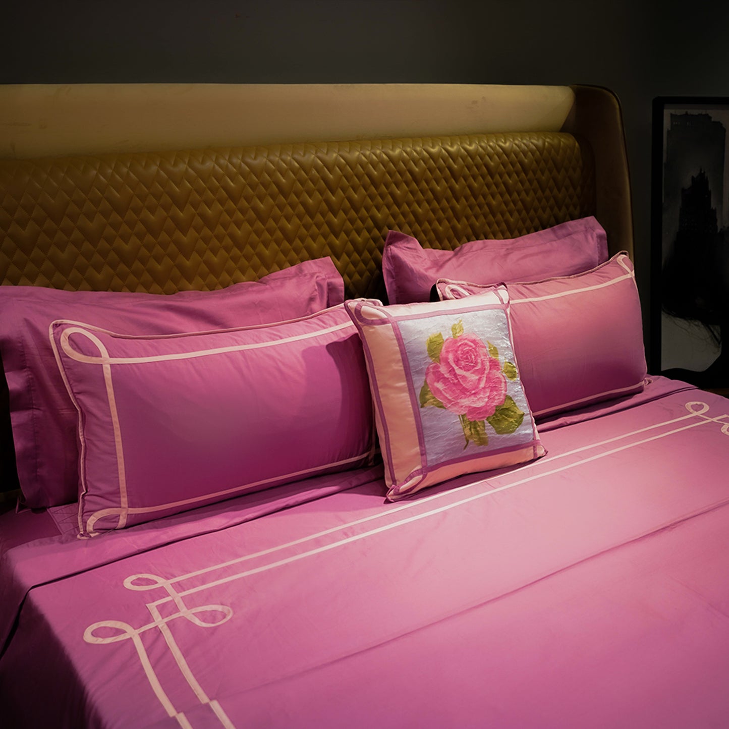 Tranquil Curve| Designer Bed Sheet Set| Pink| 100%Cotton at Kamakhyaa by Kamakhyaa. This item is designer bedsheets