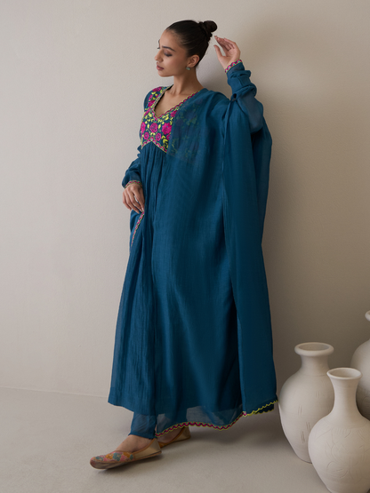 Trendy Aliacut Kurta Set with Resham Embroidered Neck design at Kamakhyaa by RoohbyRidhimaa. This item is Avani by RoohbyRidhimaa, Blue, Chanderi Silk, Cotton Mulmul, Festive Wear, Kurta Set with Dupattas, Pure Silk Chanderi, Regular Fit, Resham Embroidered, Silk Chanderi, Toxin free