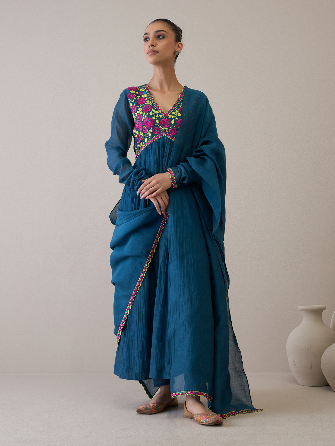 Trendy Aliacut Kurta Set with Resham Embroidered Neck design at Kamakhyaa by RoohbyRidhimaa. This item is Avani by RoohbyRidhimaa, Blue, Chanderi Silk, Cotton Mulmul, Festive Wear, Kurta Set with Dupattas, Pure Silk Chanderi, Regular Fit, Resham Embroidered, Silk Chanderi, Toxin free