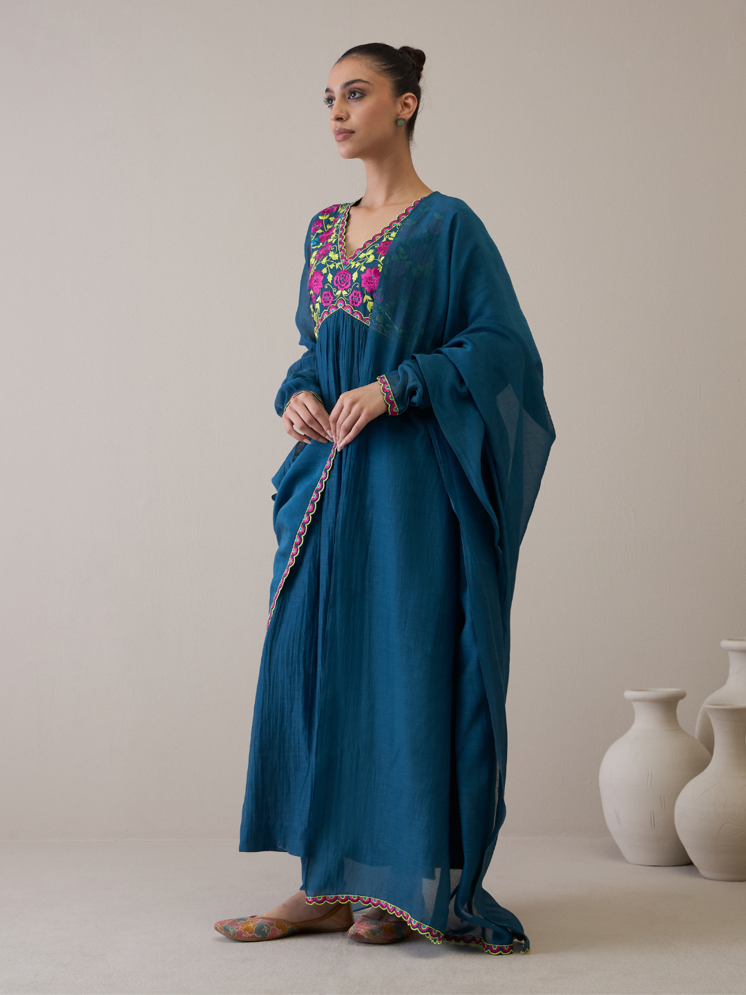 Trendy Aliacut Kurta Set with Resham Embroidered Neck design at Kamakhyaa by RoohbyRidhimaa. This item is Avani by RoohbyRidhimaa, Blue, Chanderi Silk, Cotton Mulmul, Festive Wear, Kurta Set with Dupattas, Pure Silk Chanderi, Regular Fit, Resham Embroidered, Silk Chanderi, Toxin free