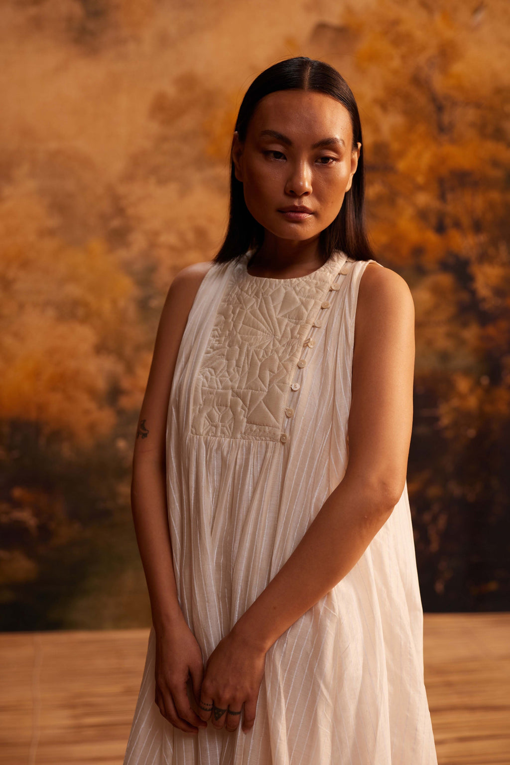 Tsubomi Halter Dress at Kamakhyaa by Ahmev. This item is Cotton Silk, Dress, Ivory, Maximum Minimum by Ahmev, Prints, Relaxed Fit, Womenswear