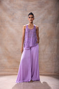 Tunic Top with Flared Pants at Kamakhyaa by Akashi Clothing. This item is Co-ord Sets, Festive Wear, Hand Embroidered, Kurta Pant Sets, Lavender, Modal Satin, Organza, Party Wear, Relaxed Fit, Womenswear, Zaira by Akashi Clothing