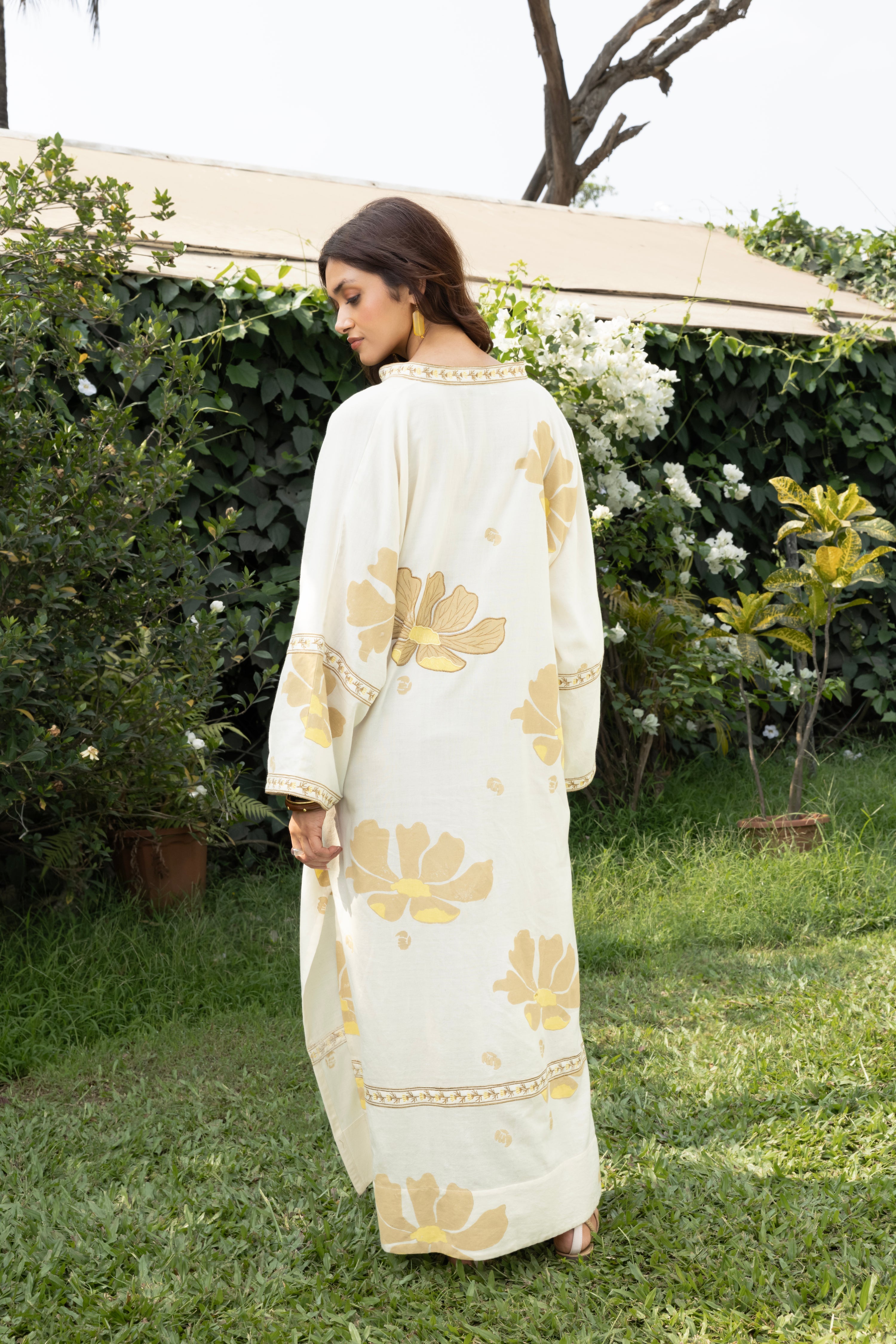 Oversized V-Neck Kaftan with Border Detail at kamakhyaa.com by Akashi Clothing. This item is Cosmos by Akashi Clothing, Internal Tags Missing, Under $50