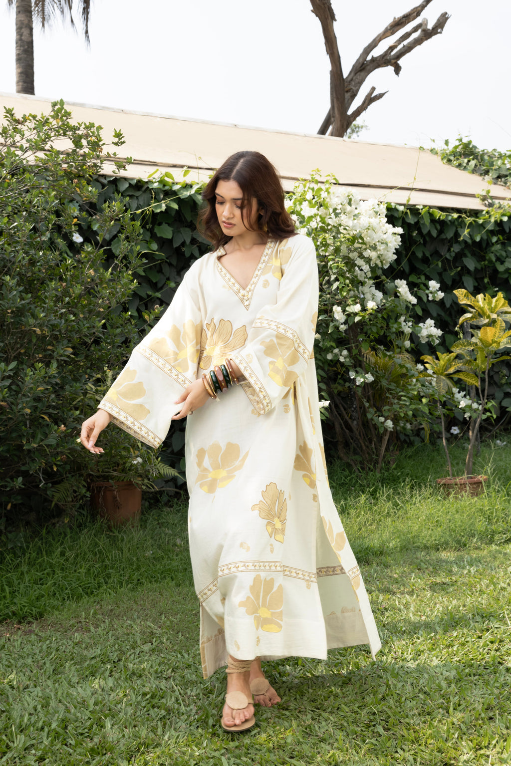 Oversized V-Neck Kaftan with Border Detail at kamakhyaa.com by Akashi Clothing. This item is Cosmos by Akashi Clothing, Internal Tags Missing, Under $50
