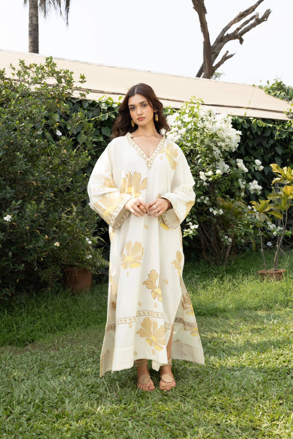 Oversized V-Neck Kaftan with Border Detail at kamakhyaa.com by Akashi Clothing. This item is Cosmos by Akashi Clothing, Internal Tags Missing, Under $50