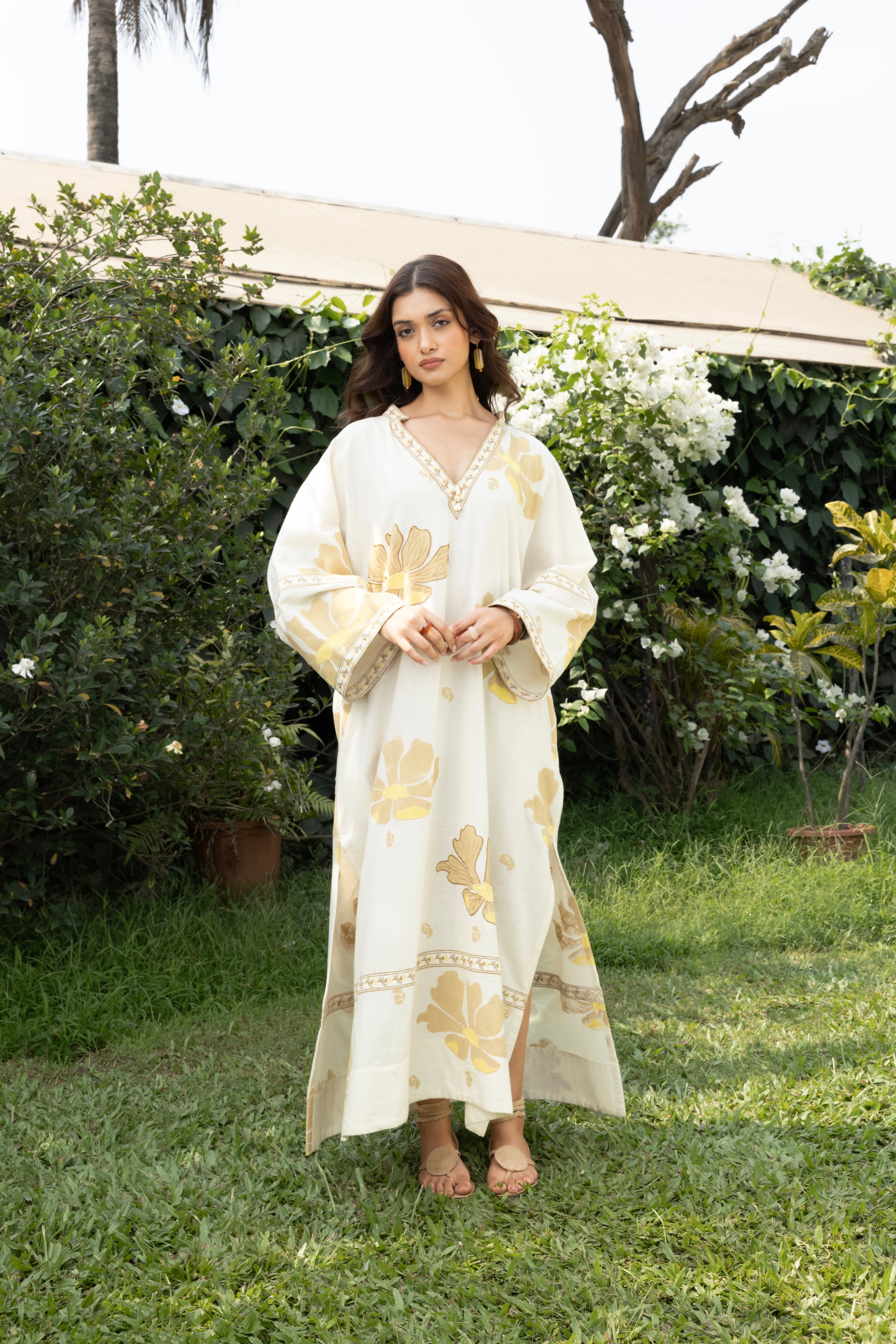 Oversized V-Neck Kaftan with Border Detail at kamakhyaa.com by Akashi Clothing. This item is Cosmos by Akashi Clothing, Internal Tags Missing, Under $50
