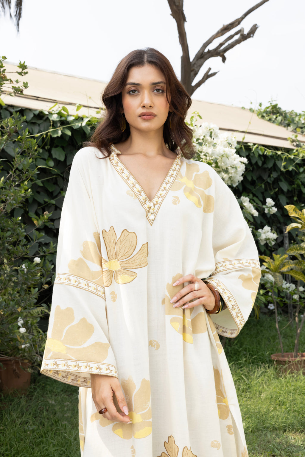 Oversized V-Neck Kaftan with Border Detail at kamakhyaa.com by Akashi Clothing. This item is Cosmos by Akashi Clothing, Internal Tags Missing, Under $50