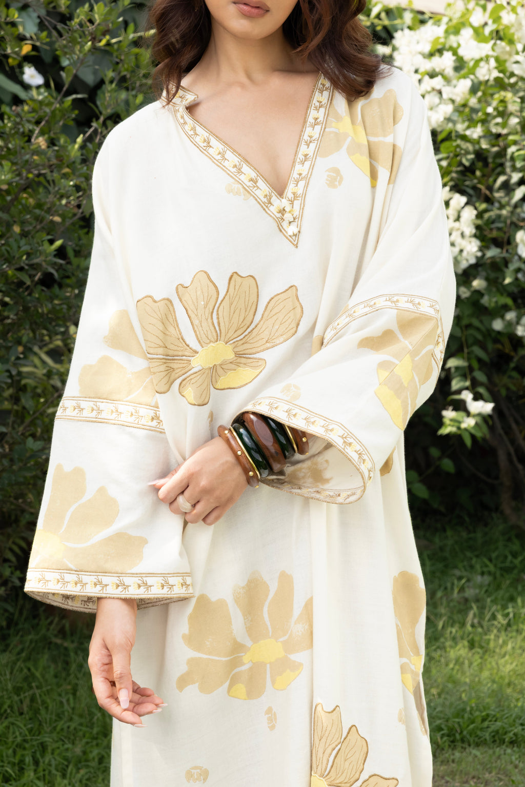Oversized V-Neck Kaftan with Border Detail at kamakhyaa.com by Akashi Clothing. This item is Cosmos by Akashi Clothing, Internal Tags Missing, Under $50