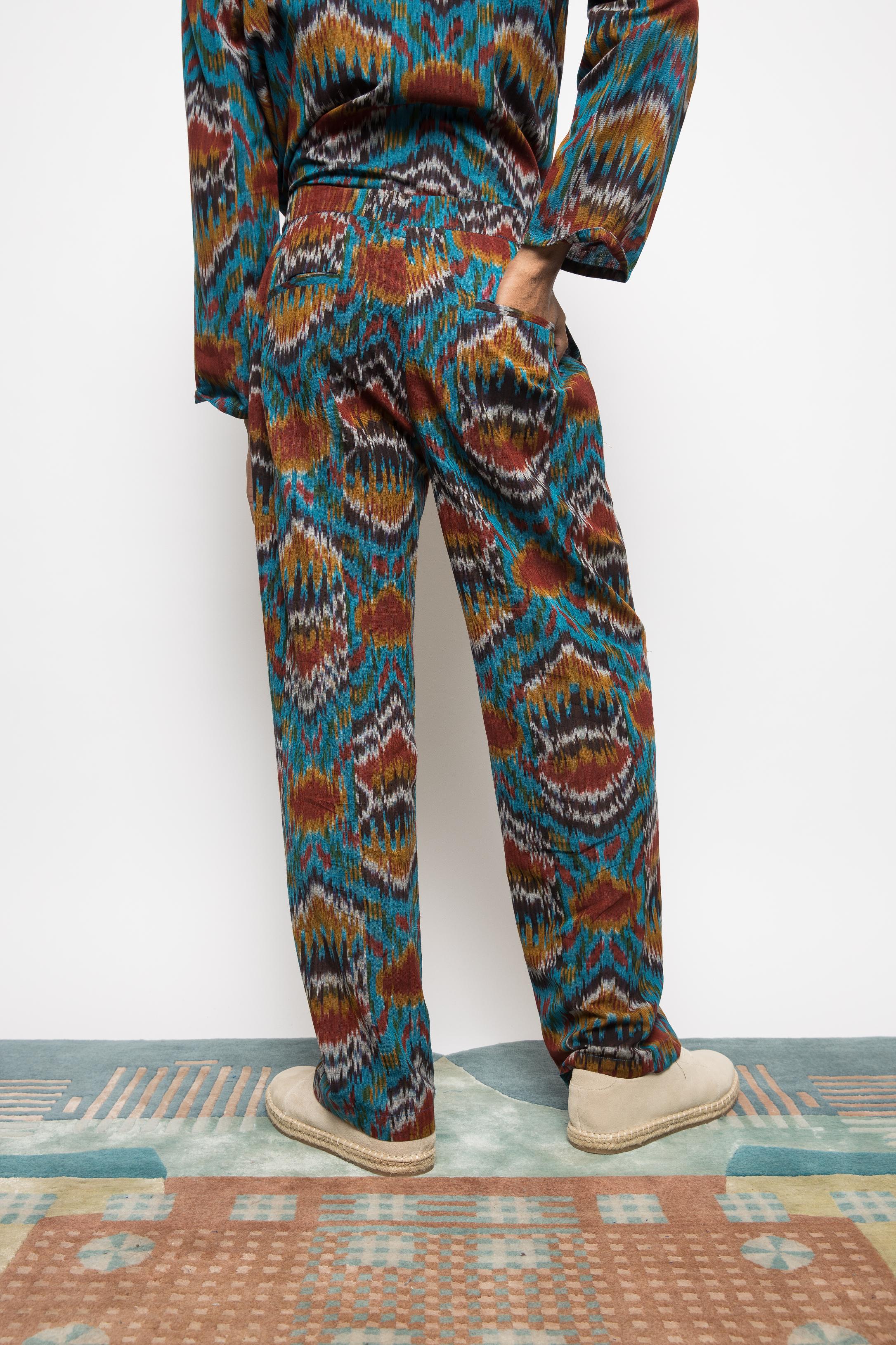 Urban Jammies at kamakhyaa.com by Anushé Pirani. This item is 100% Cotton, Beach Wear, Casual Wear, Console Collection List, Cotton, Fresh Ink by Anushe Pirani, Handwoven cotton, Ikat Prints, Menswear, Regular Fit, Turquoise, Vacation Wear