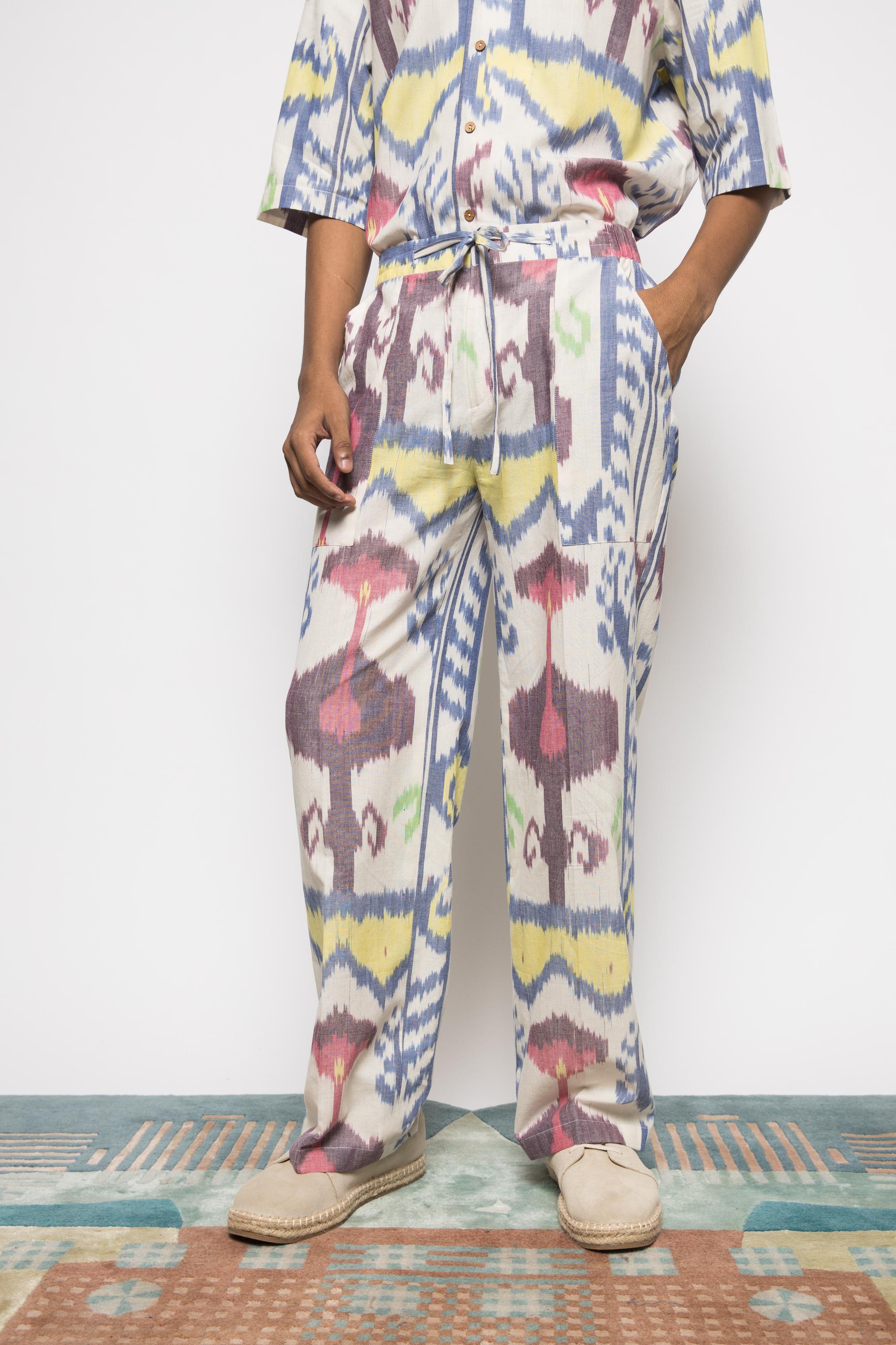 Urban Jammies at kamakhyaa.com by Anushé Pirani. This item is 100% Cotton, Beach Wear, Casual Wear, Console Collection List, Cotton, Fresh Ink by Anushe Pirani, Handwoven cotton, Ikat Prints, Menswear, Multicolor, Regular Fit, Vacation Wear