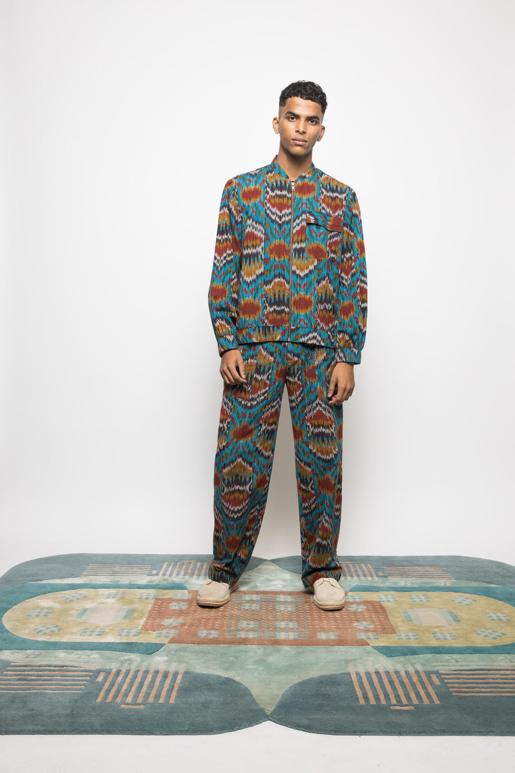 Urban Jammies at kamakhyaa.com by Anushé Pirani. This item is 100% Cotton, Beach Wear, Casual Wear, Console Collection List, Cotton, Fresh Ink by Anushe Pirani, Handwoven cotton, Ikat Prints, Menswear, Regular Fit, Turquoise, Vacation Wear