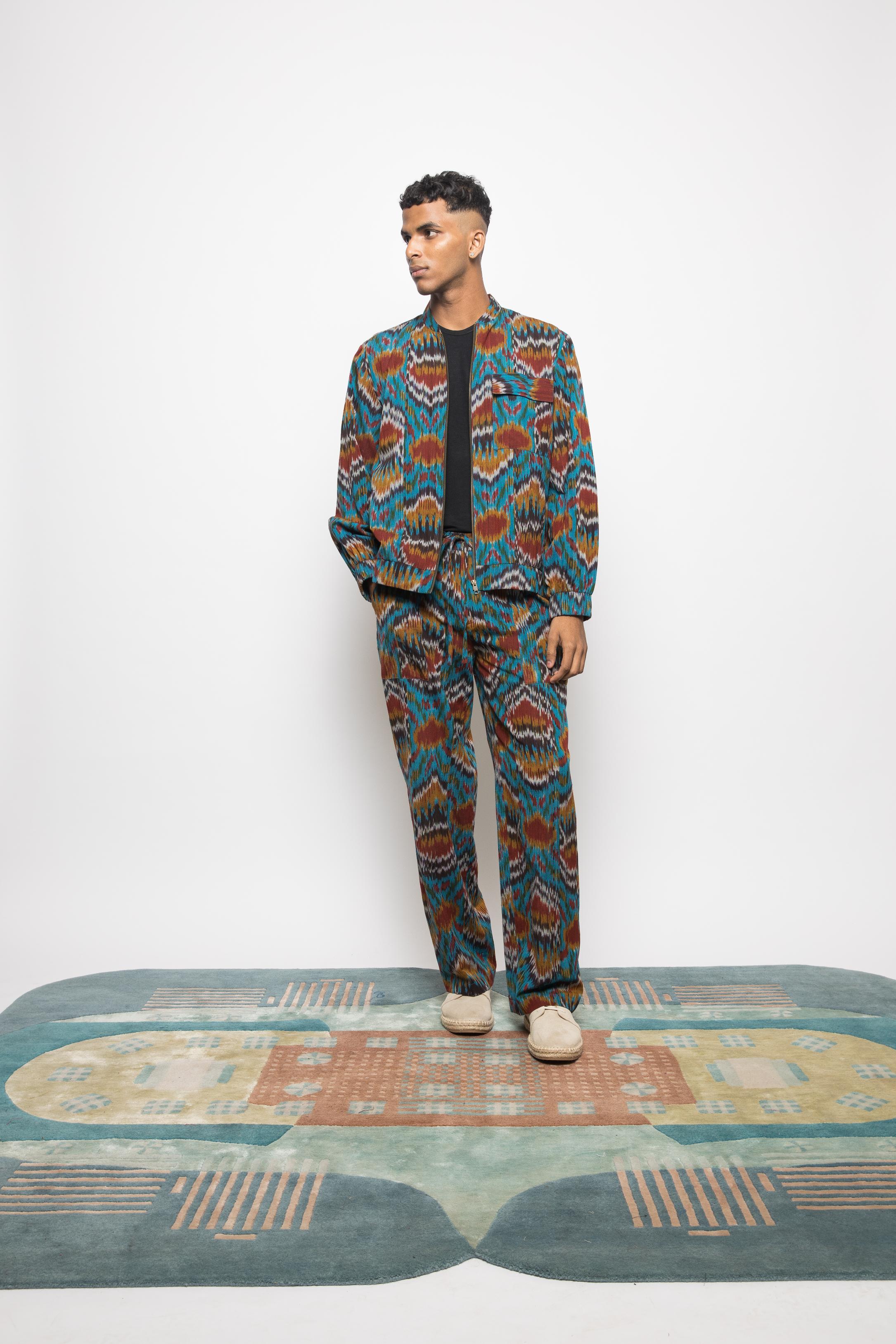 Urban Jammies at kamakhyaa.com by Anushé Pirani. This item is 100% Cotton, Beach Wear, Casual Wear, Console Collection List, Cotton, Fresh Ink by Anushe Pirani, Handwoven cotton, Ikat Prints, Menswear, Regular Fit, Turquoise, Vacation Wear