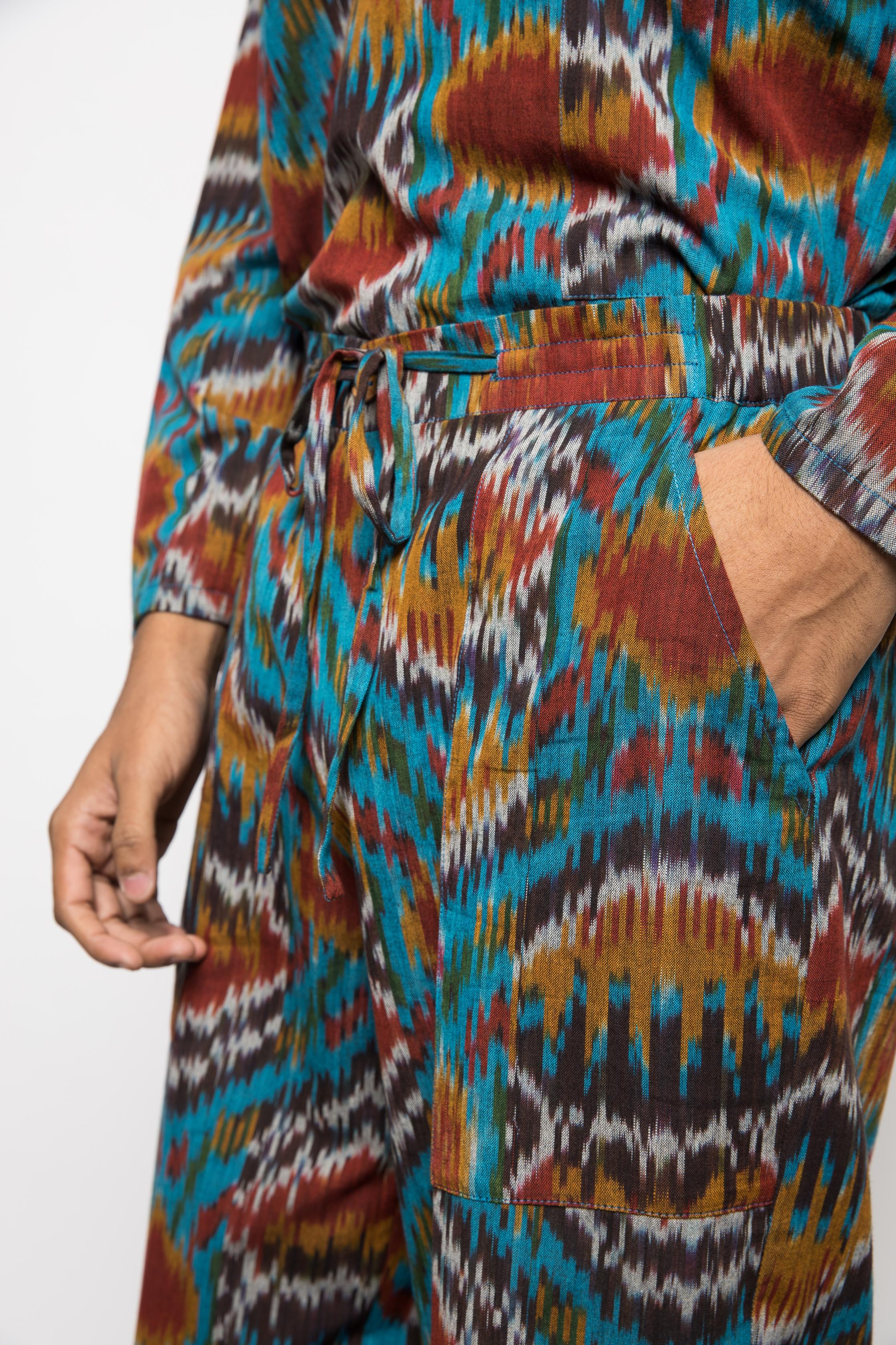 Urban Jammies at kamakhyaa.com by Anushé Pirani. This item is 100% Cotton, Beach Wear, Casual Wear, Console Collection List, Cotton, Fresh Ink by Anushe Pirani, Handwoven cotton, Ikat Prints, Menswear, Regular Fit, Turquoise, Vacation Wear
