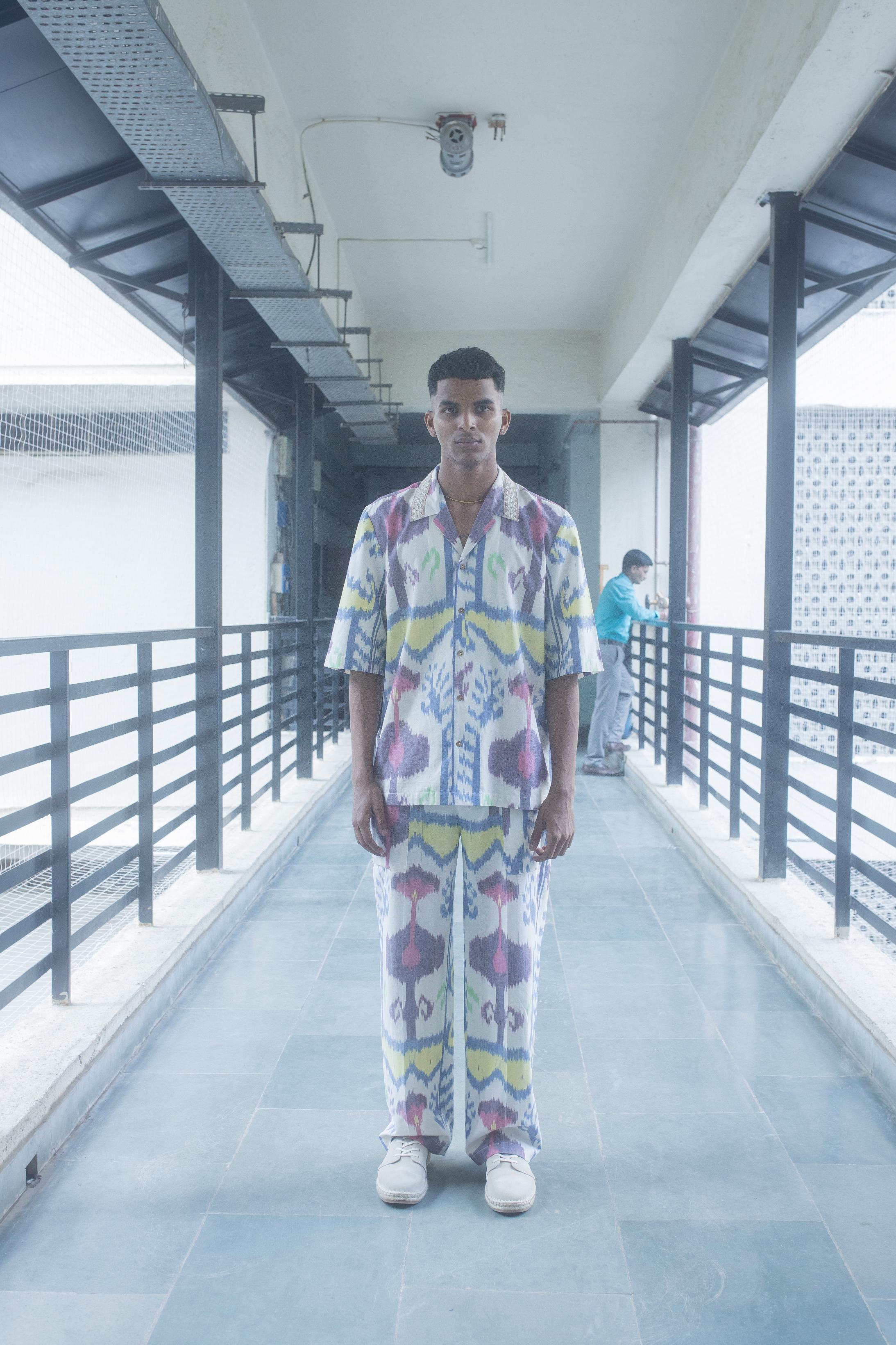 Urban Jammies at kamakhyaa.com by Anushé Pirani. This item is 100% Cotton, Beach Wear, Casual Wear, Console Collection List, Cotton, Fresh Ink by Anushe Pirani, Handwoven cotton, Ikat Prints, Menswear, Multicolor, Regular Fit, Vacation Wear