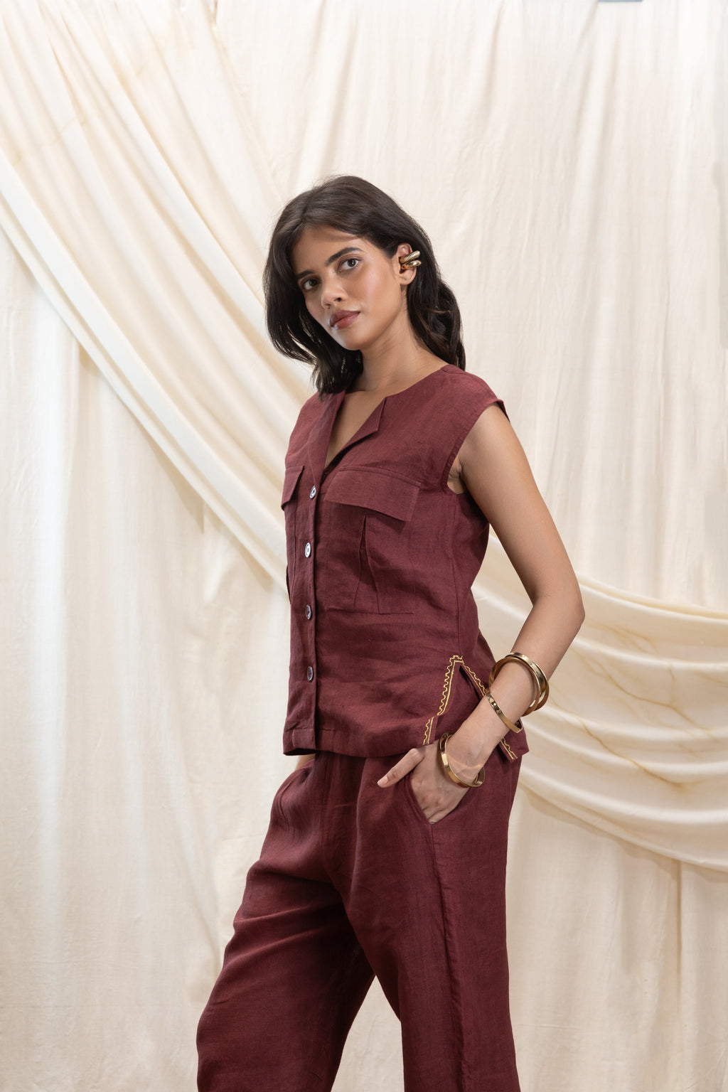 Utility Vest at Kamakhyaa by Akashi Clothing. This item is 100% Linen, Regular Fit, Solid Selfmade, Solids, The Stamp Edit By Akashi Clothing, Under $150