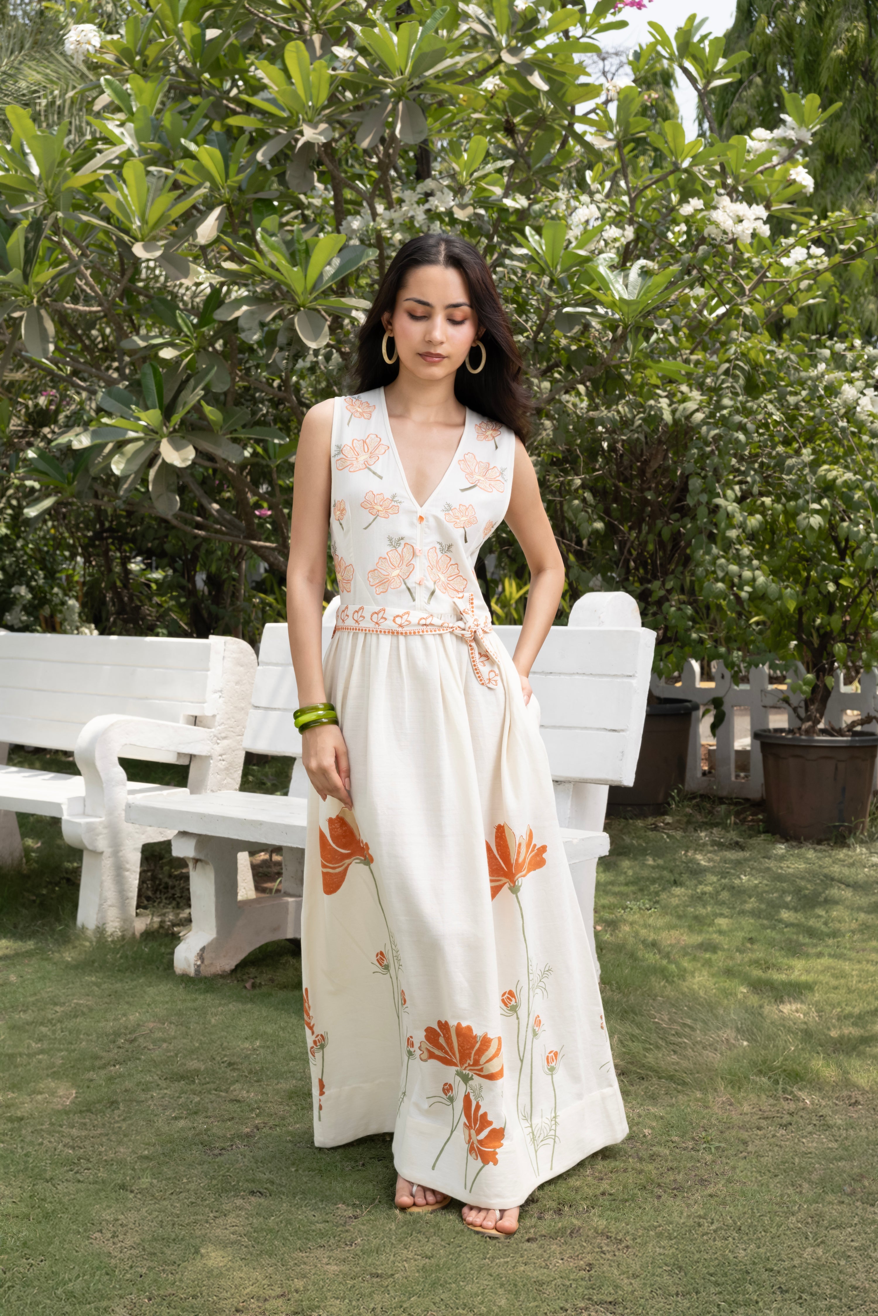 V-Neck Embroidered Floral Maxi Dress with Tie-Up Waist at kamakhyaa.com by Akashi Clothing. This item is Cosmos by Akashi Clothing, Internal Tags Missing, Under $150