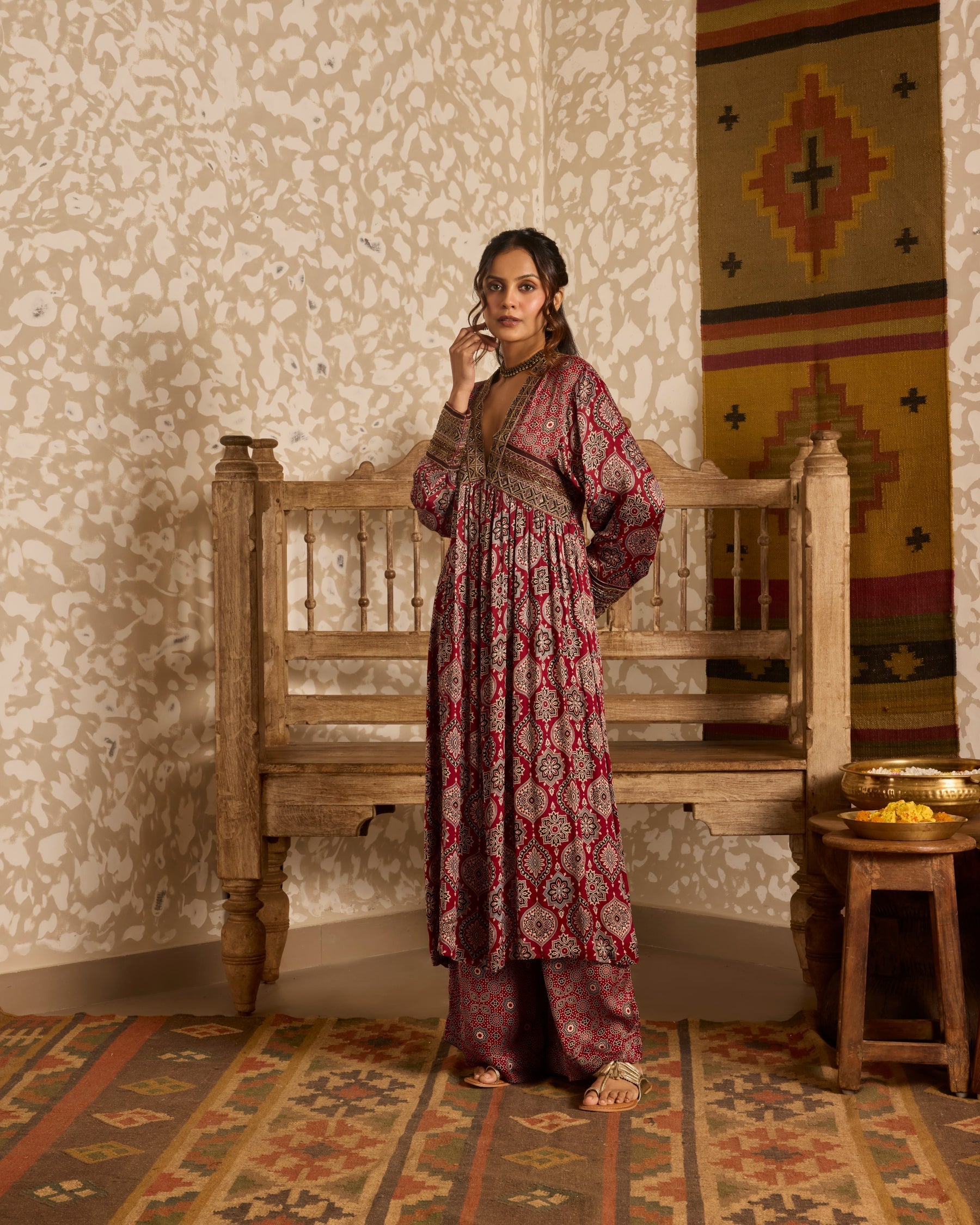 V-Neck Kurta Set at Kamakhyaa by Akashi Clothing. This item is Ajrakh by Akashi Clothing, Under $100